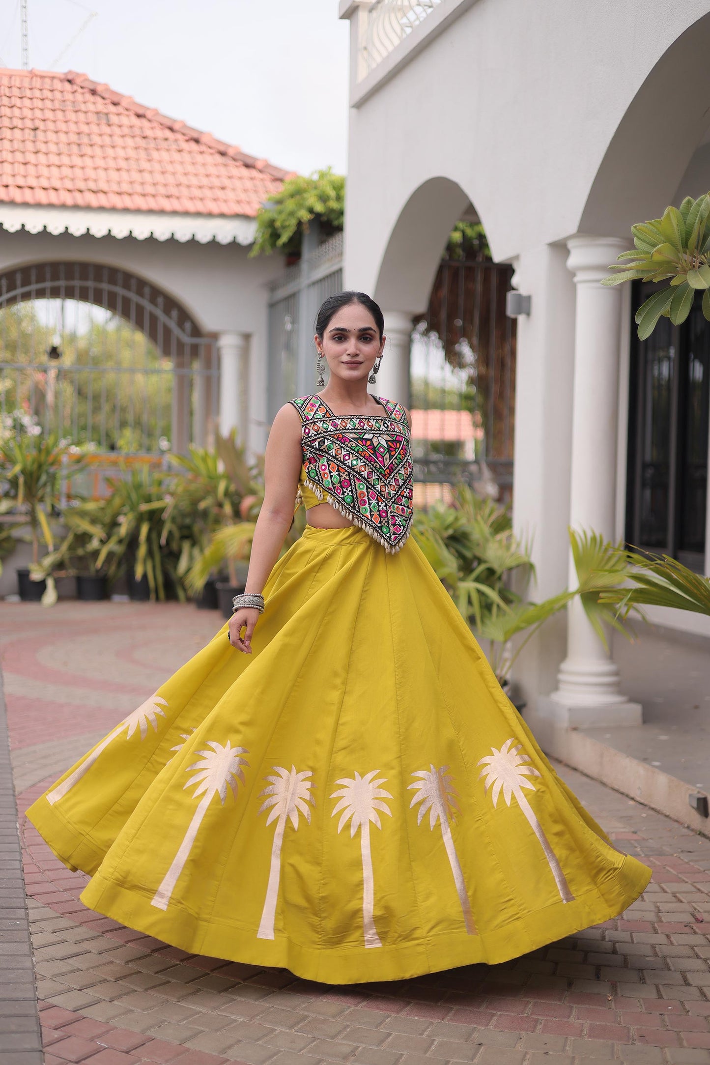Yellow Roman Silk Kutchi Gamthi Embroidered & Gota Work Navratri Lehenga Choli