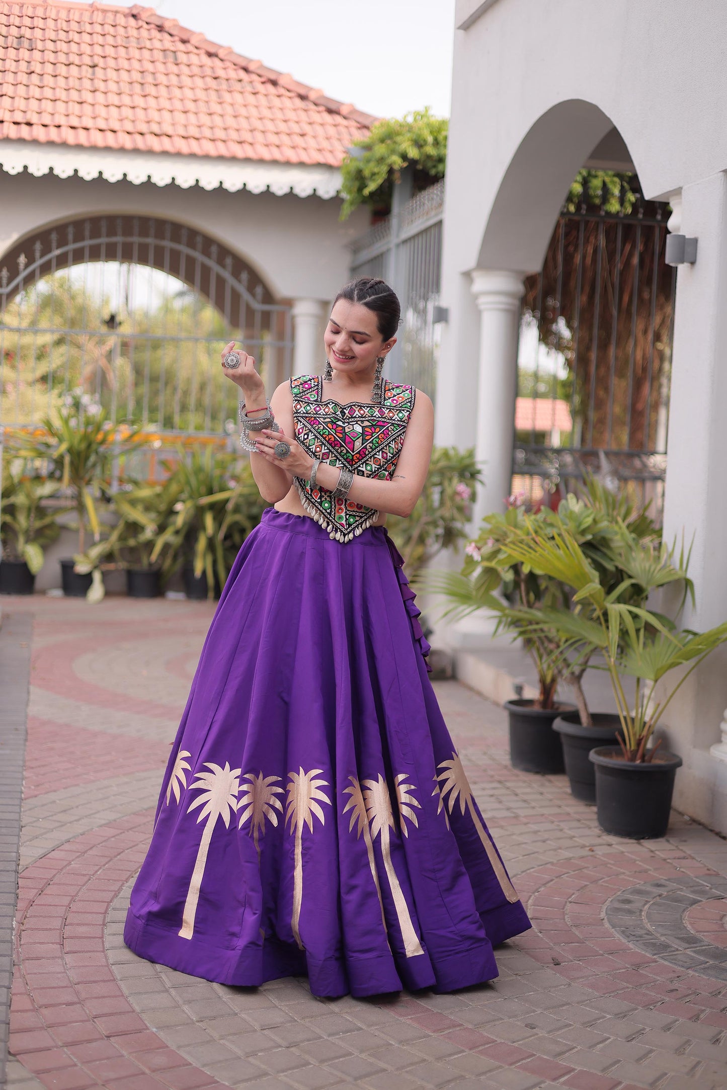 Purple Roman Silk Kutchi Gamthi Embroidered & Gota Work Navratri Lehenga Choli