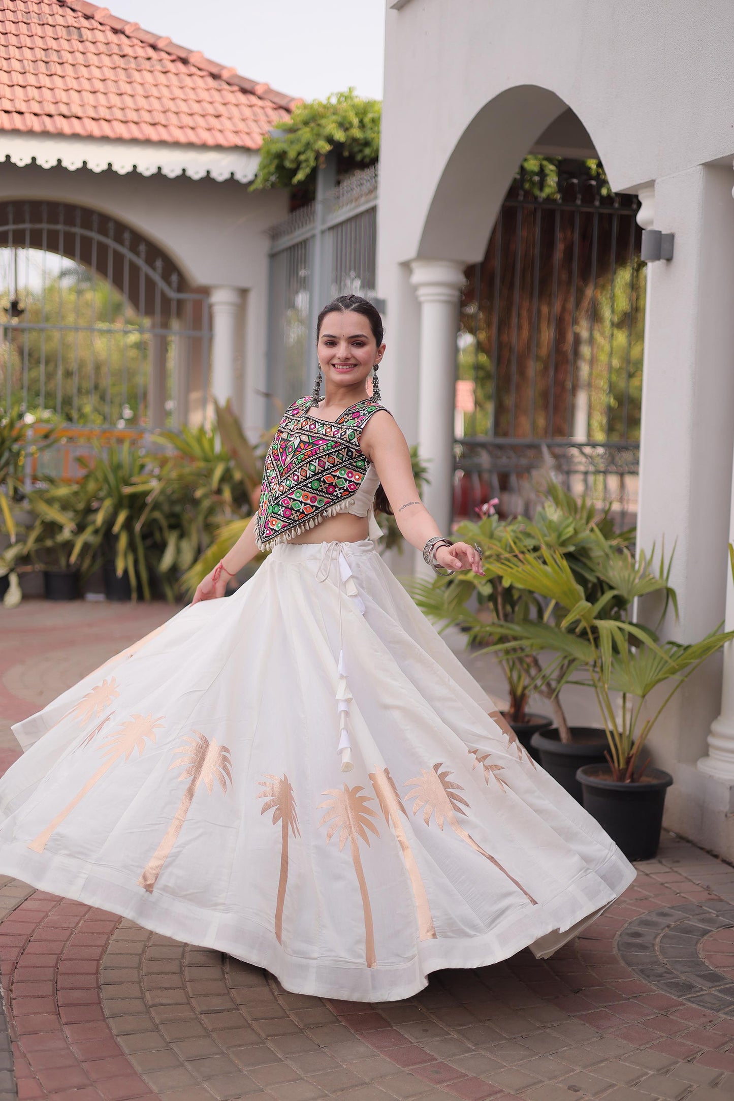 White Roman Silk Kutchi Gamthi Embroidered & Gota Work Navratri Lehenga Choli
