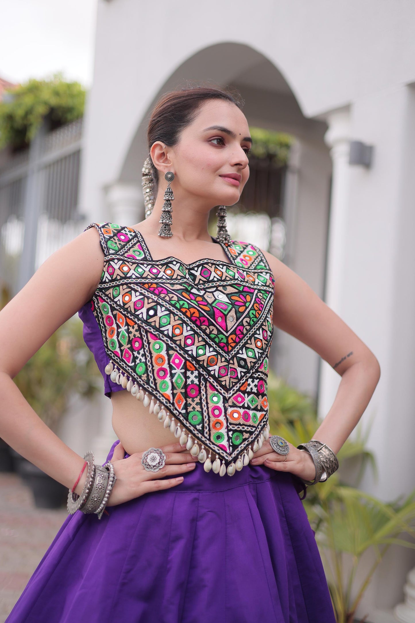 Purple Roman Silk Kutchi Gamthi Embroidered & Gota Work Navratri Lehenga Choli