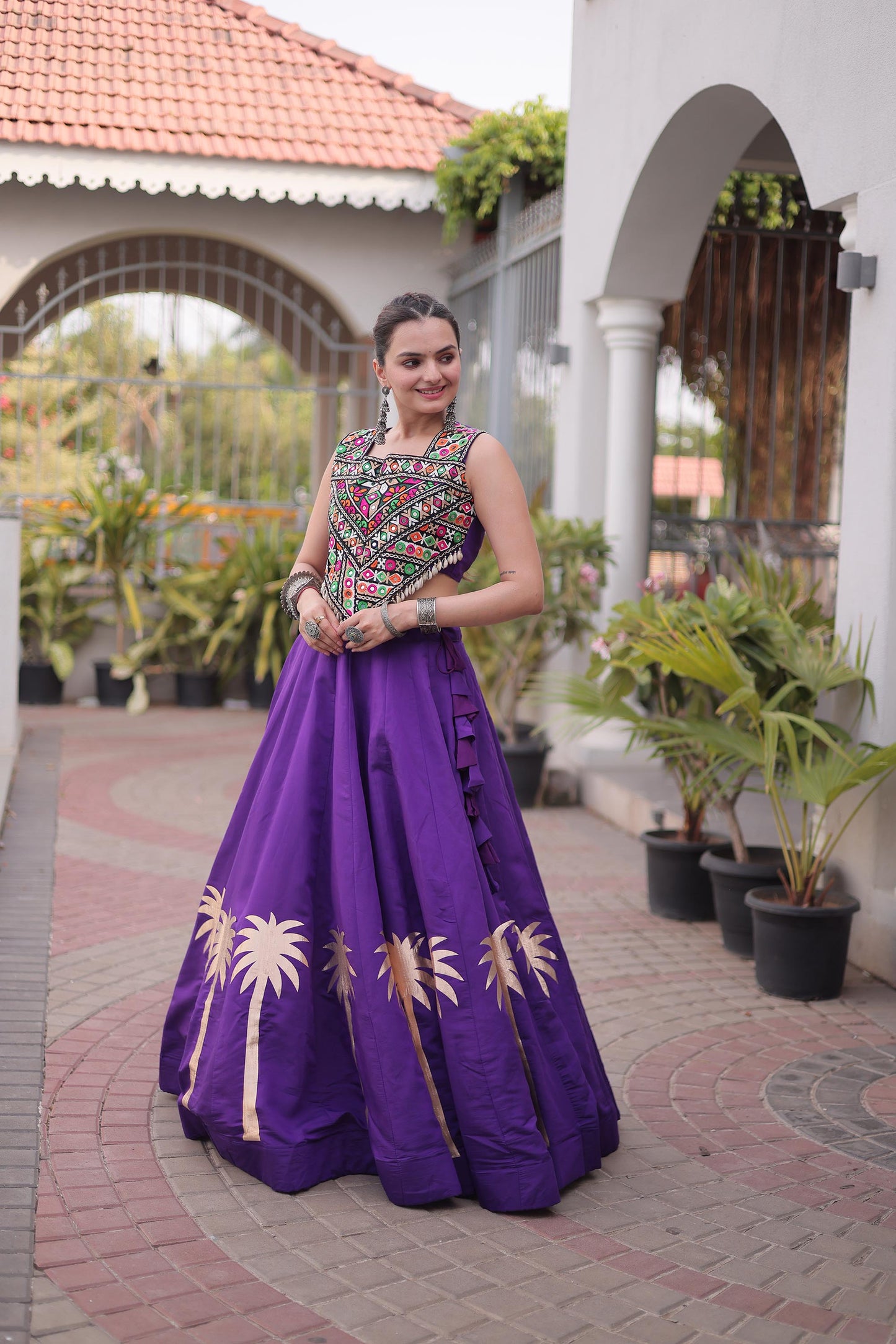 Purple Roman Silk Kutchi Gamthi Embroidered & Gota Work Navratri Lehenga Choli