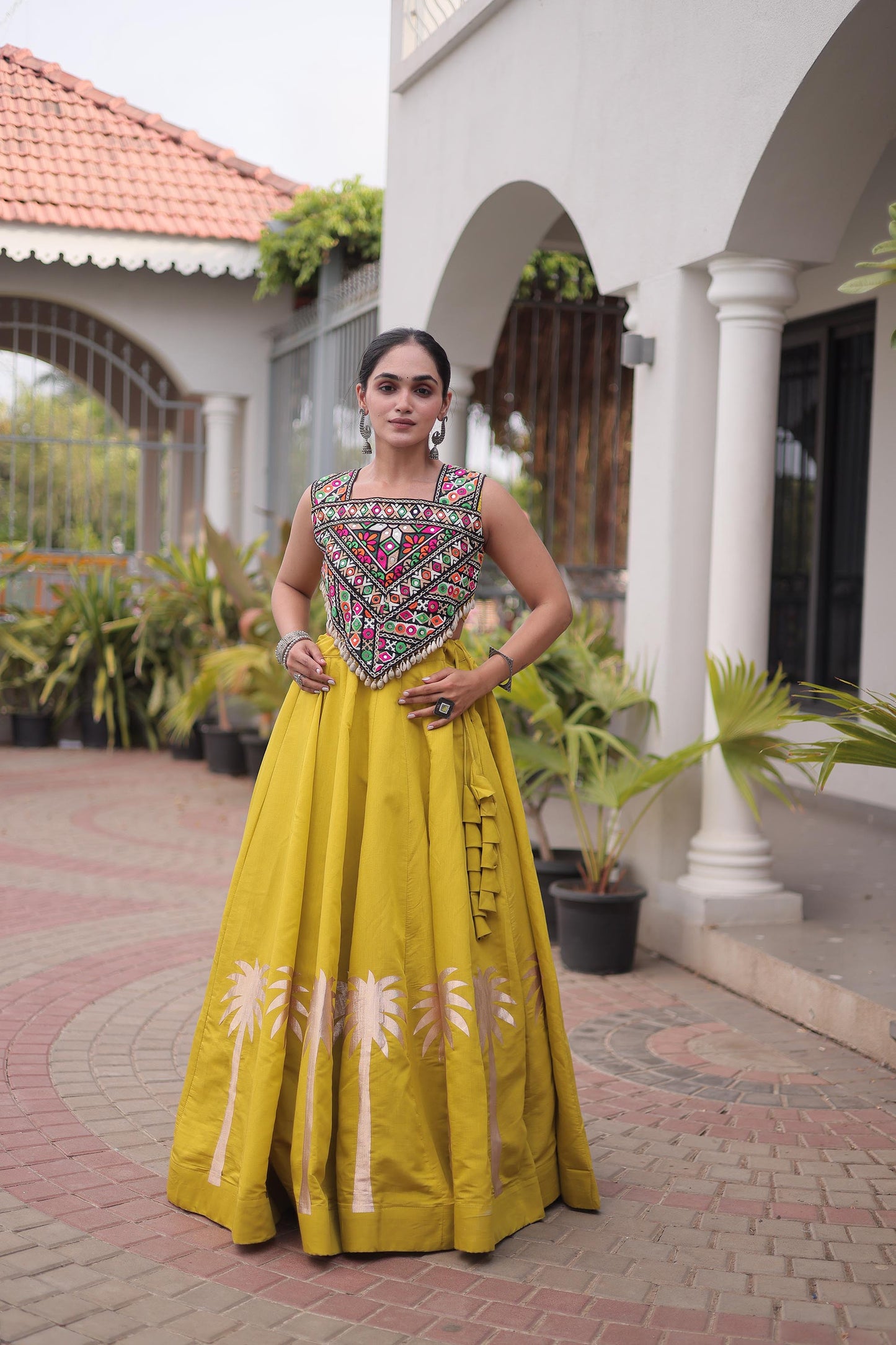 Yellow Roman Silk Kutchi Gamthi Embroidered & Gota Work Navratri Lehenga Choli