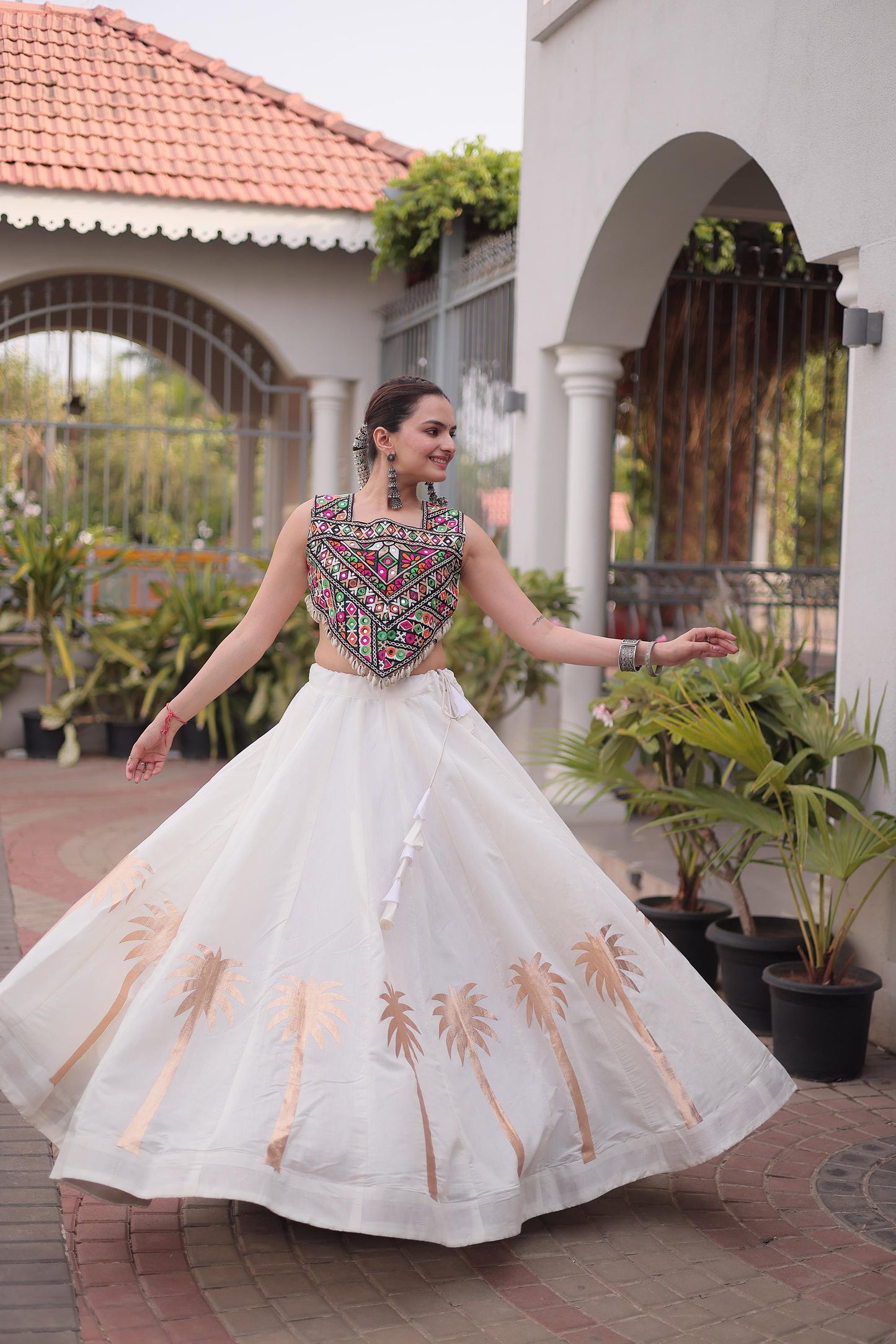 White Roman Silk Kutchi Gamthi Embroidered & Gota Work Navratri Lehenga Choli
