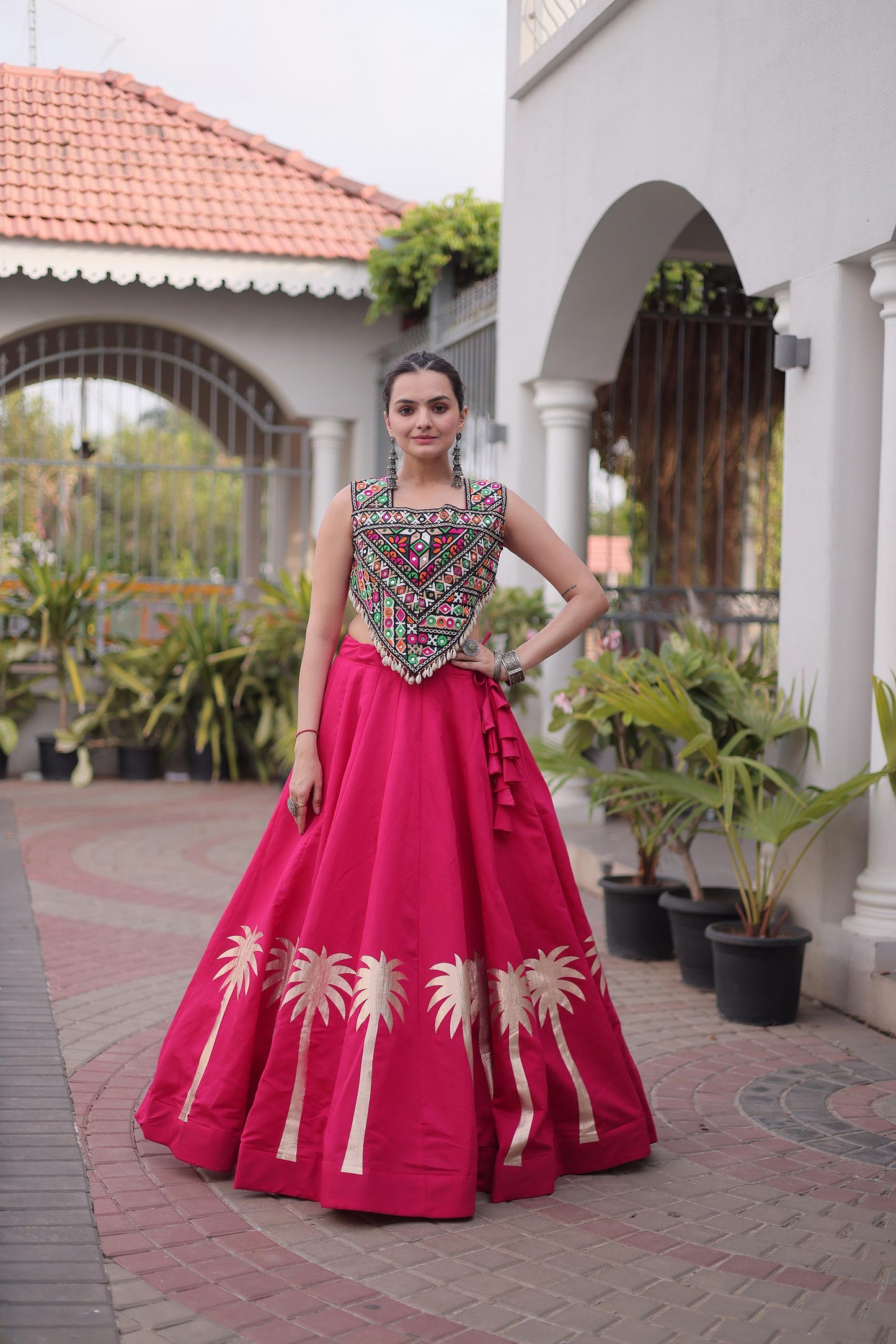 Pink Roman Silk Kutchi Gamthi Embroidered & Gota Work Navratri Lehenga Choli