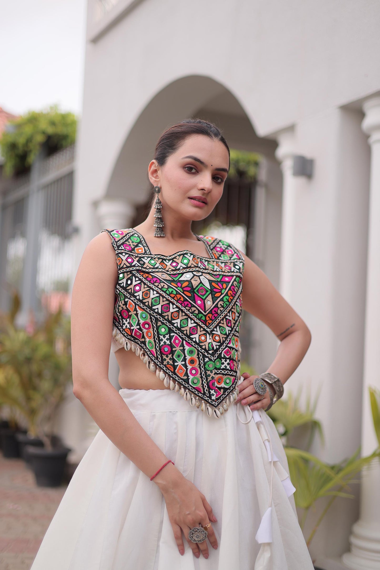 White Roman Silk Kutchi Gamthi Embroidered & Gota Work Navratri Lehenga Choli