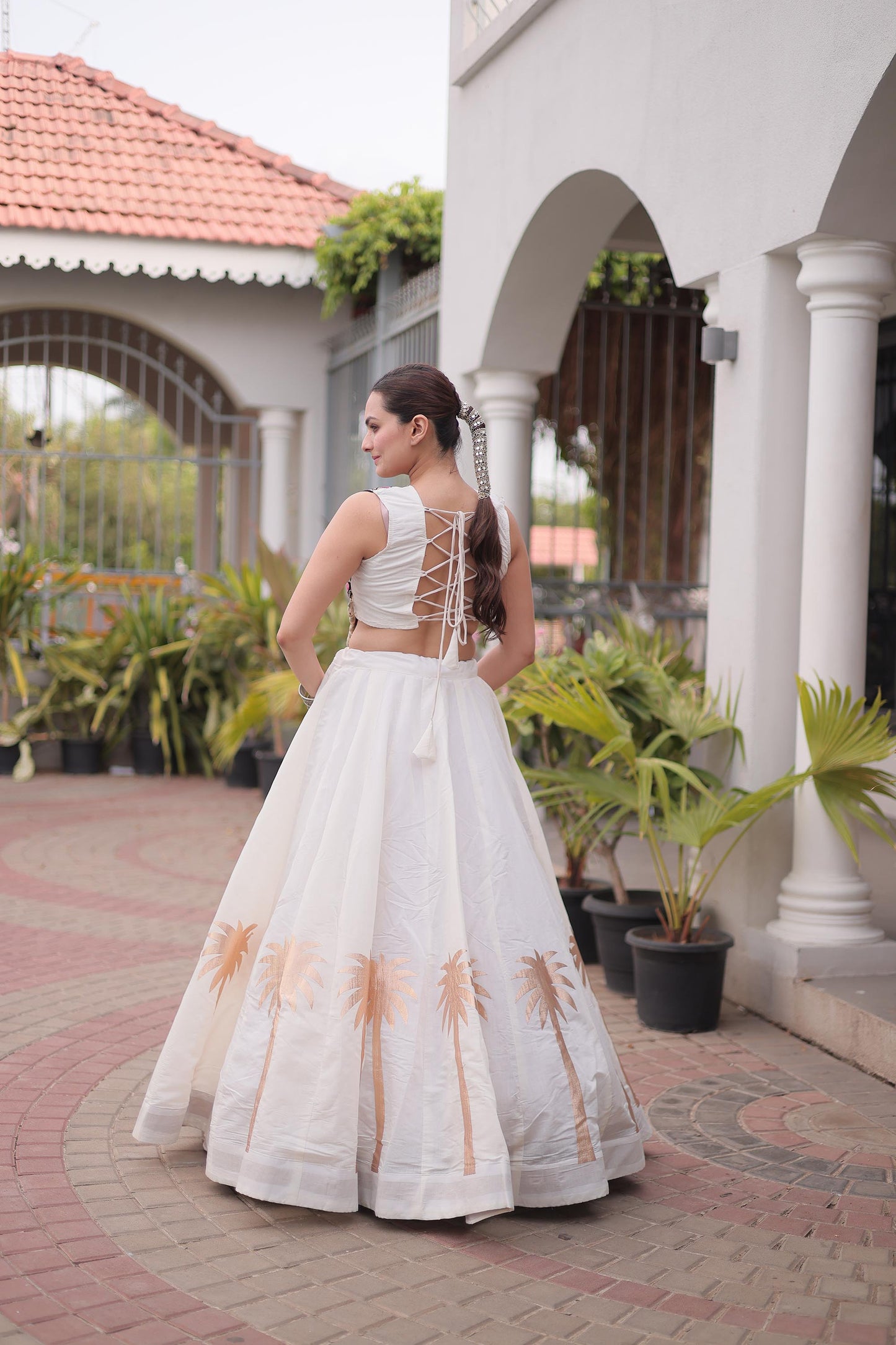 White Roman Silk Kutchi Gamthi Embroidered & Gota Work Navratri Lehenga Choli