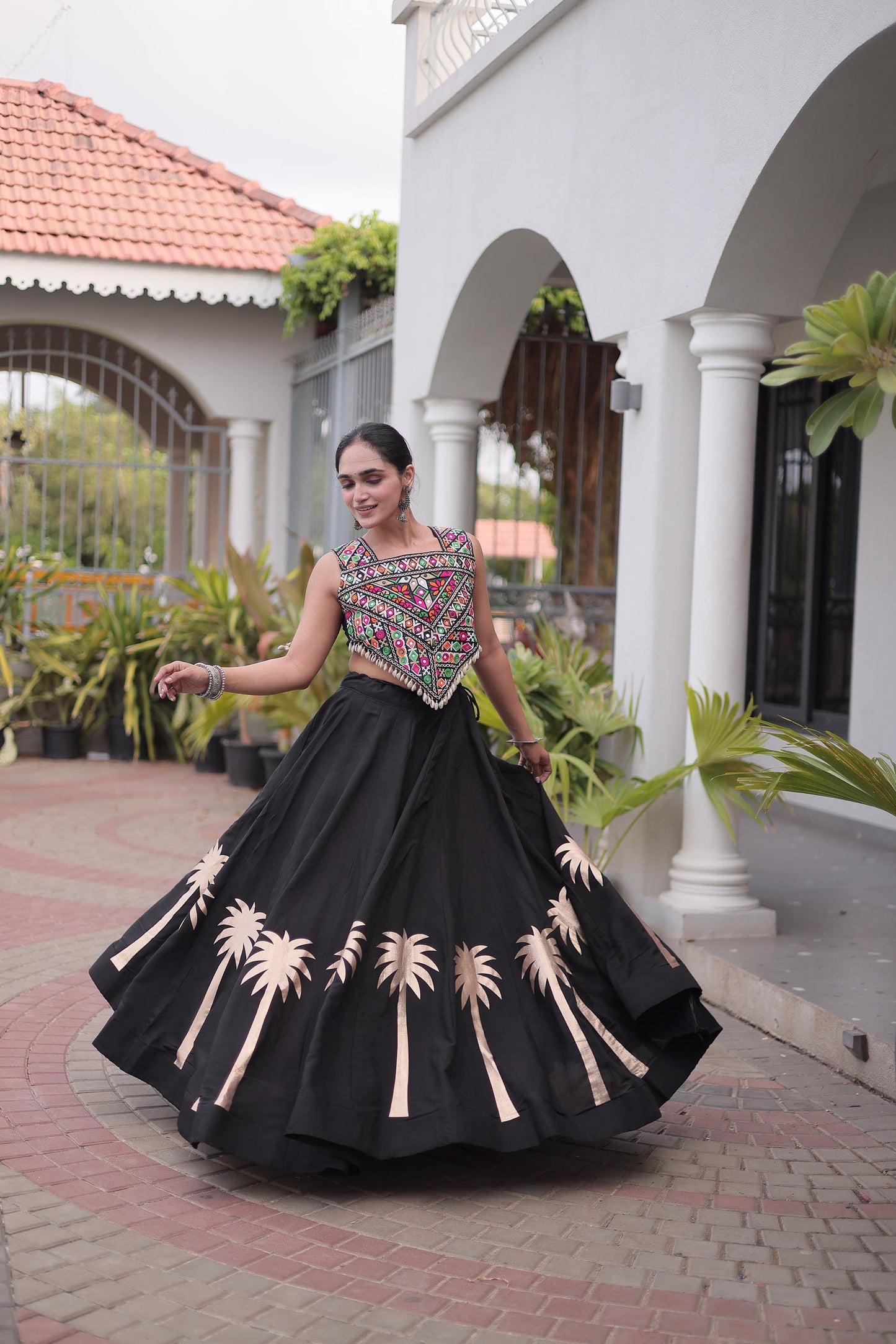 Black Roman Silk Kutchi Gamthi Embroidered & Gota Work Navratri Lehenga Choli