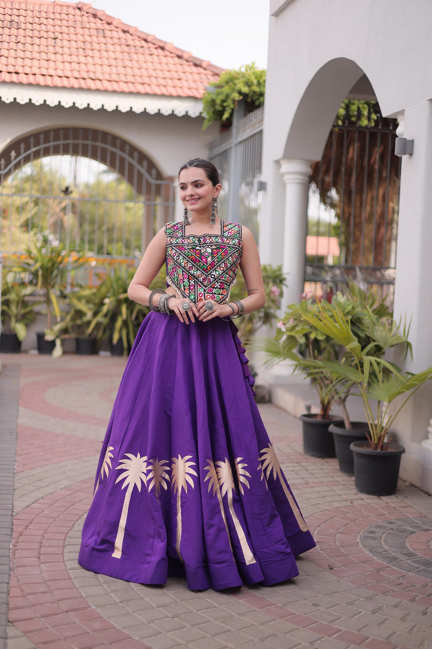 Purple Roman Silk Kutchi Gamthi Embroidered & Gota Work Navratri Lehenga Choli
