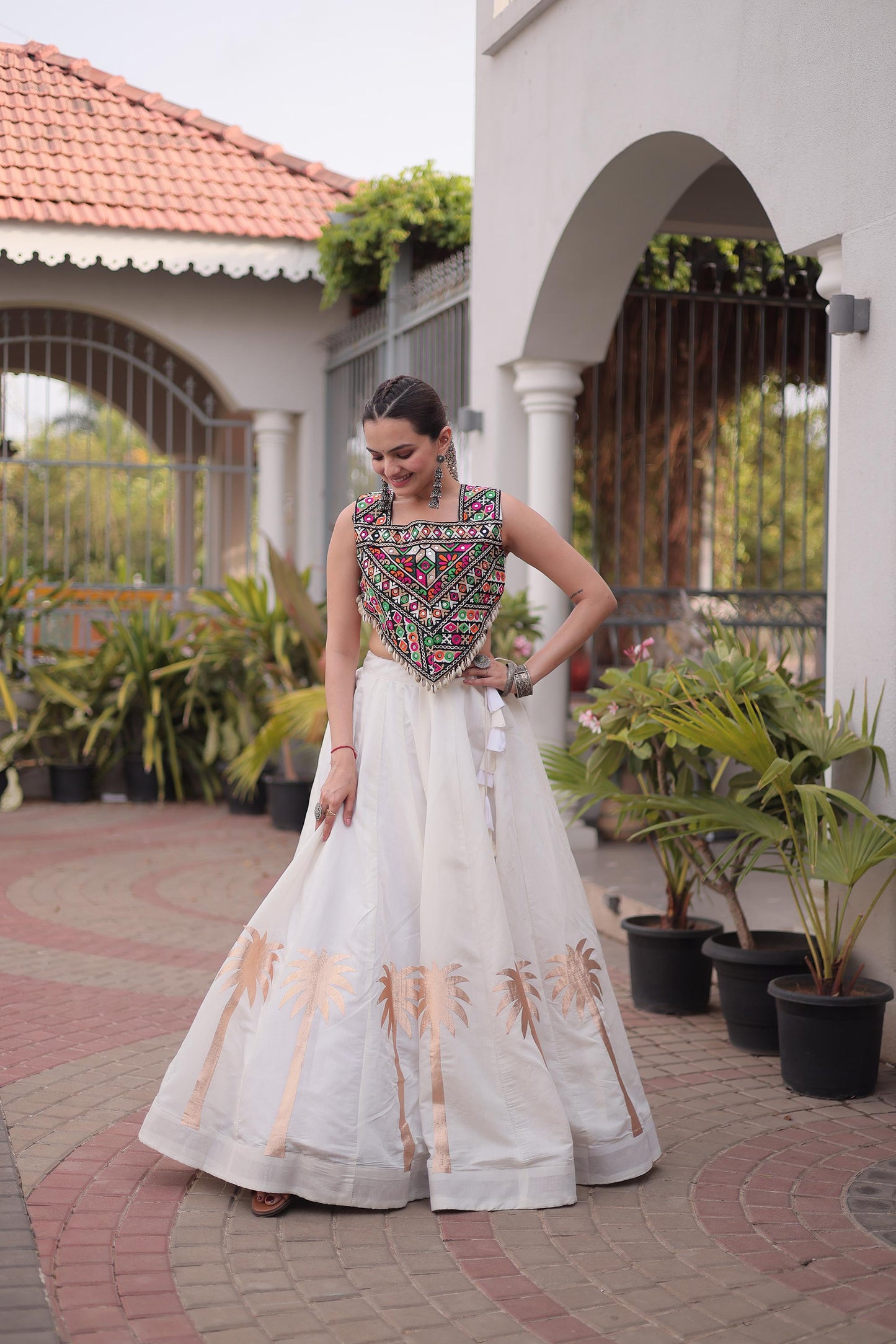 White Roman Silk Kutchi Gamthi Embroidered & Gota Work Navratri Lehenga Choli