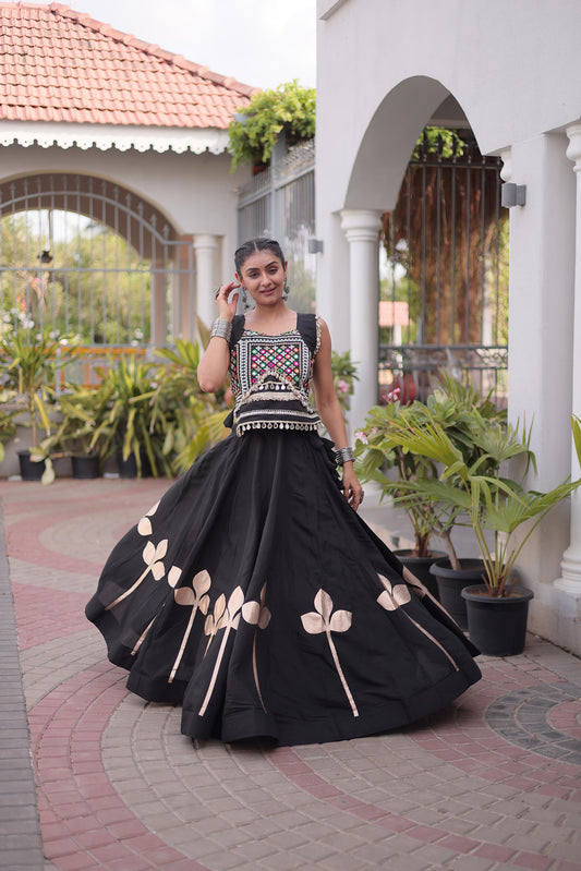 Black Roman Silk Gamthi & Mirror Work Navratri Lehenga Choli