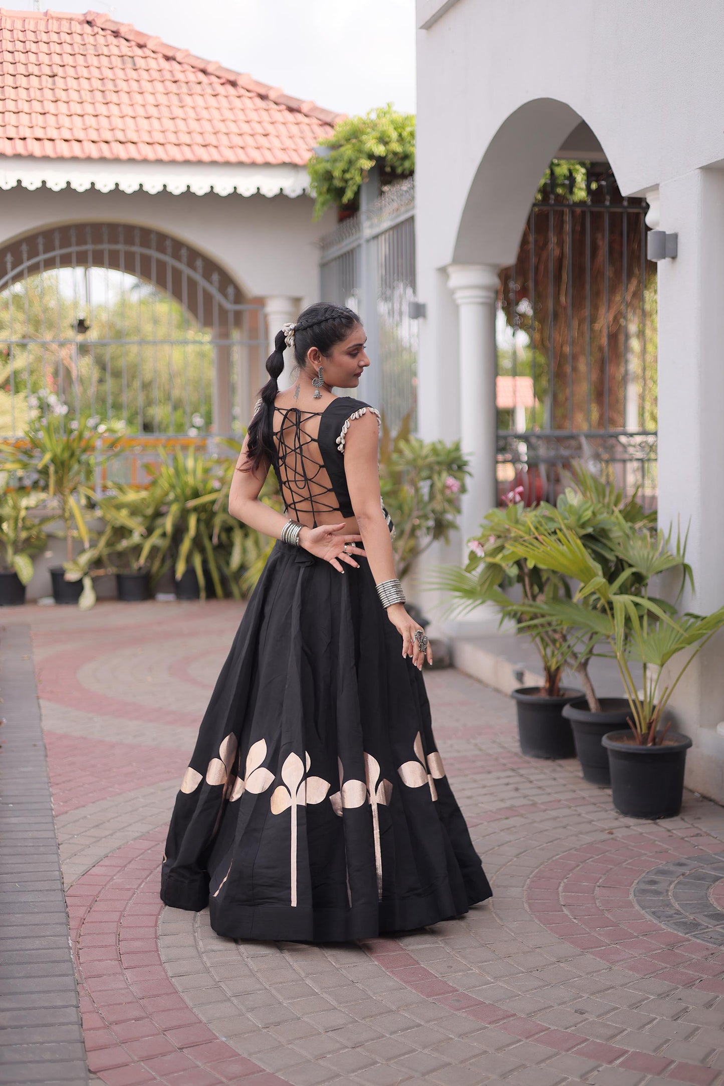 Black Roman Silk Gamthi & Mirror Work Navratri Lehenga Choli