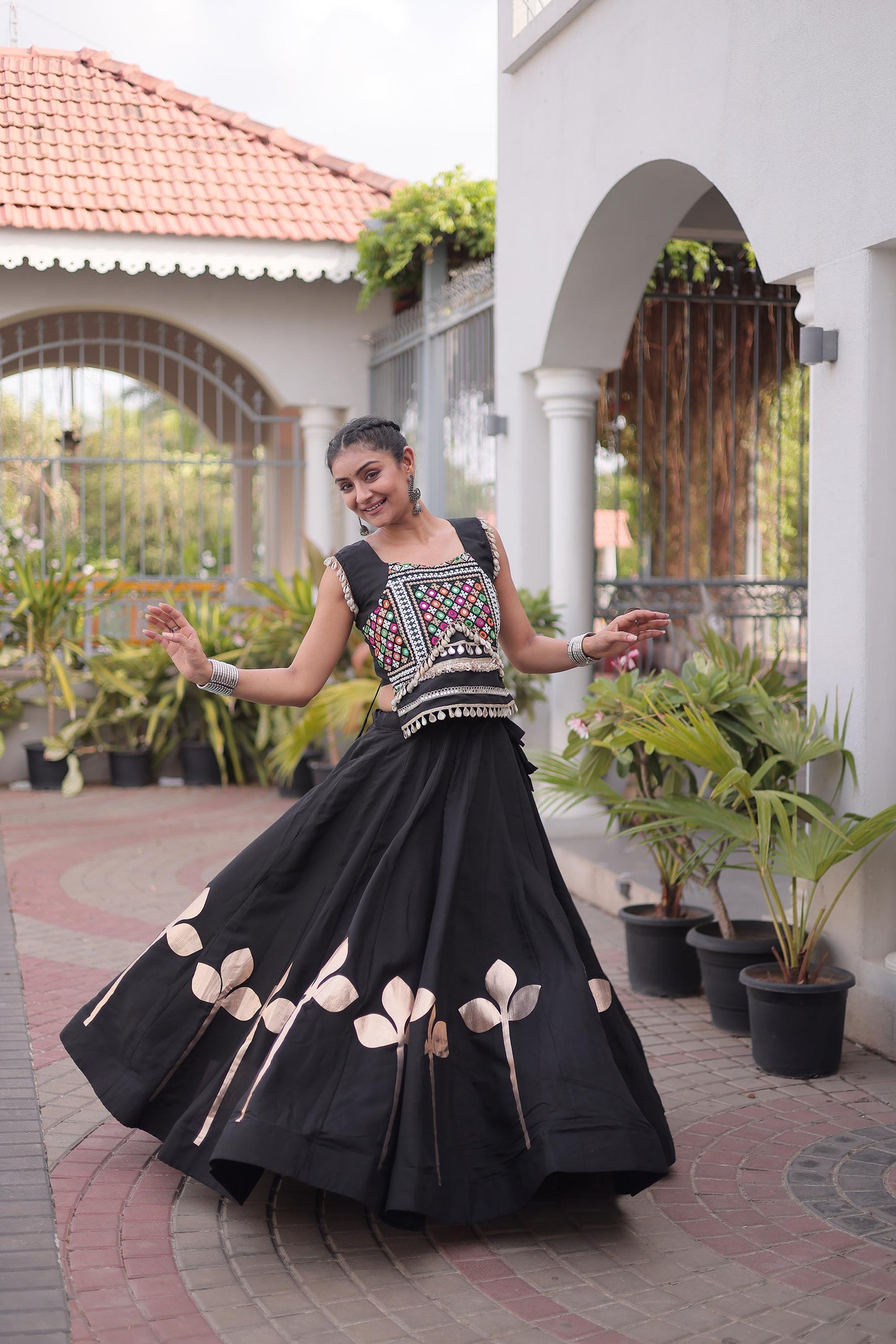 Black Roman Silk Gamthi & Mirror Work Navratri Lehenga Choli