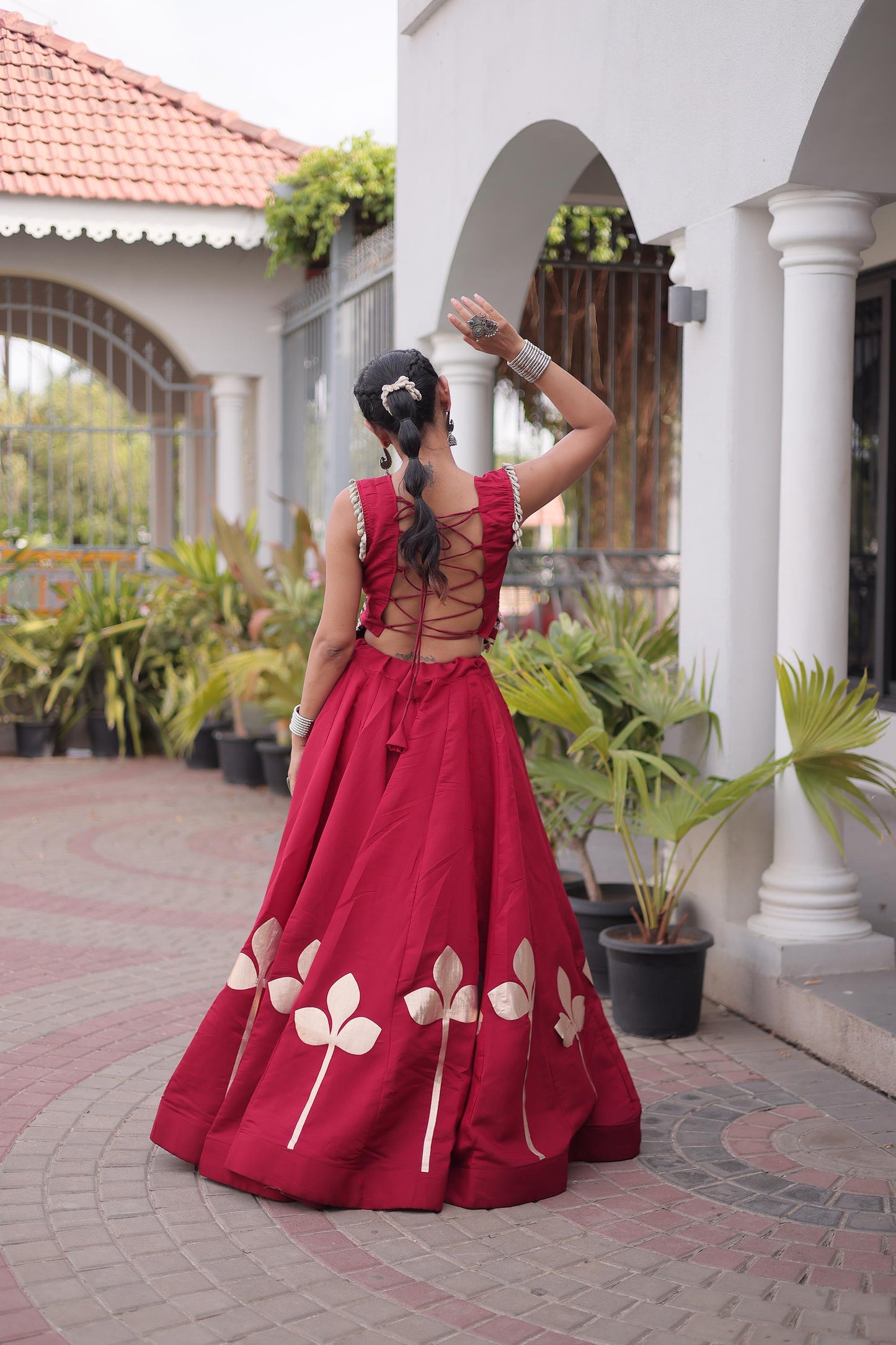 Maroon Roman Silk Gamthi & Mirror Work Navratri Lehenga Choli