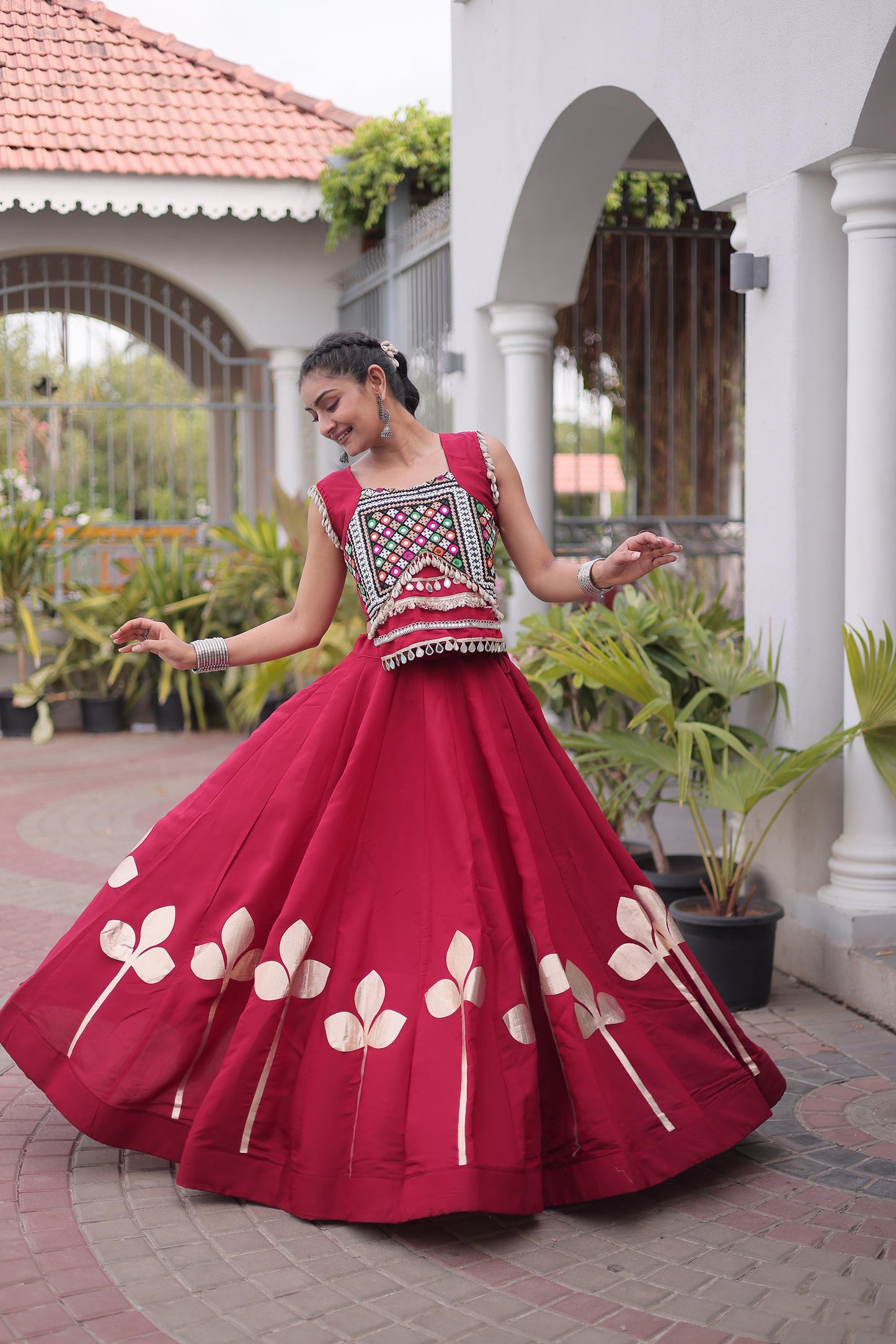 Maroon Roman Silk Gamthi & Mirror Work Navratri Lehenga Choli