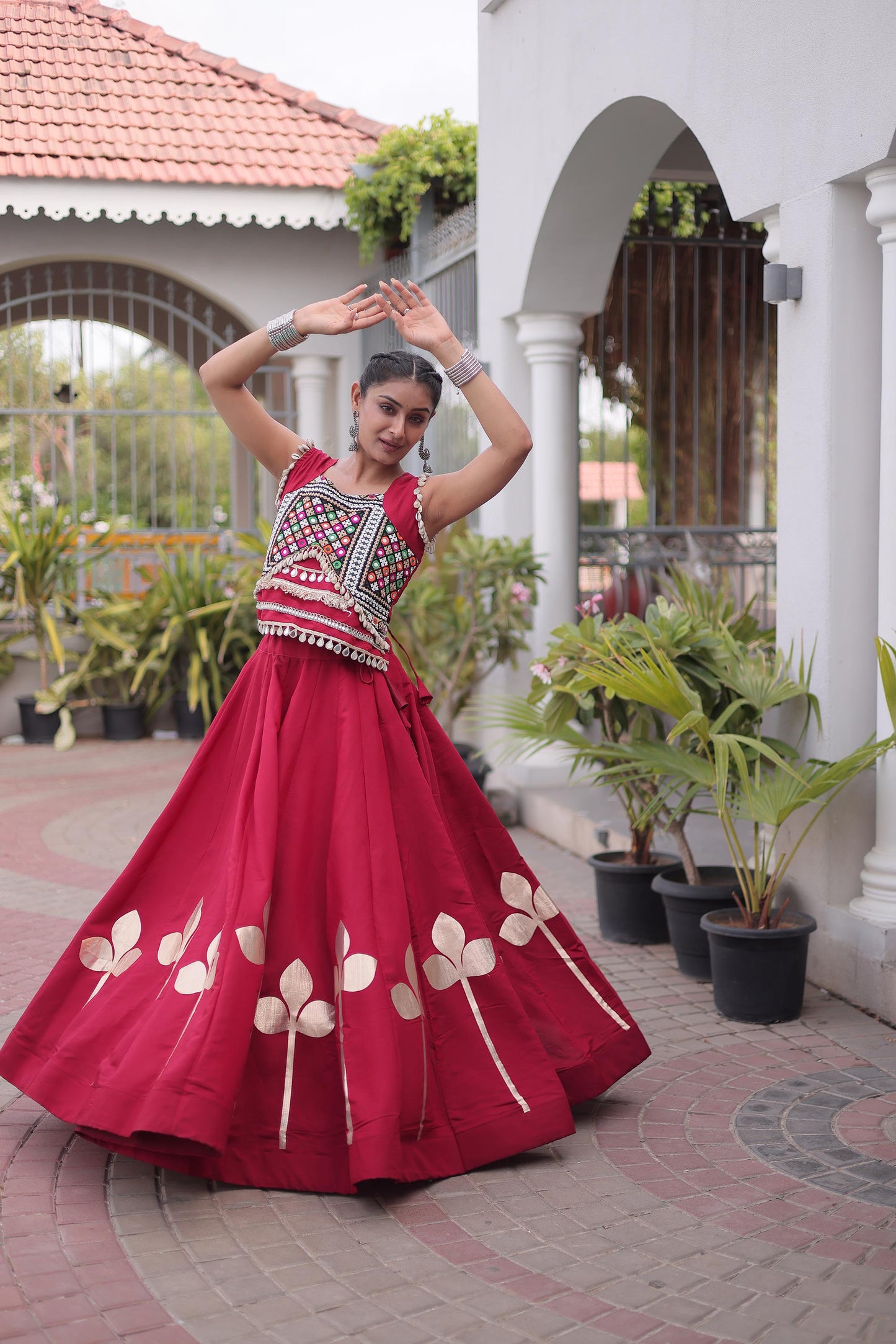Maroon Roman Silk Gamthi & Mirror Work Navratri Lehenga Choli