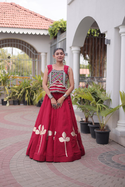 Maroon Roman Silk Gamthi & Mirror Work Navratri Lehenga Choli