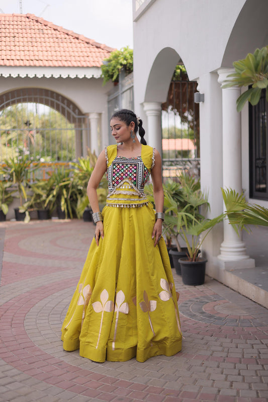 Parrot Green Roman Silk Gamthi & Mirror Work Navratri Lehenga Choli