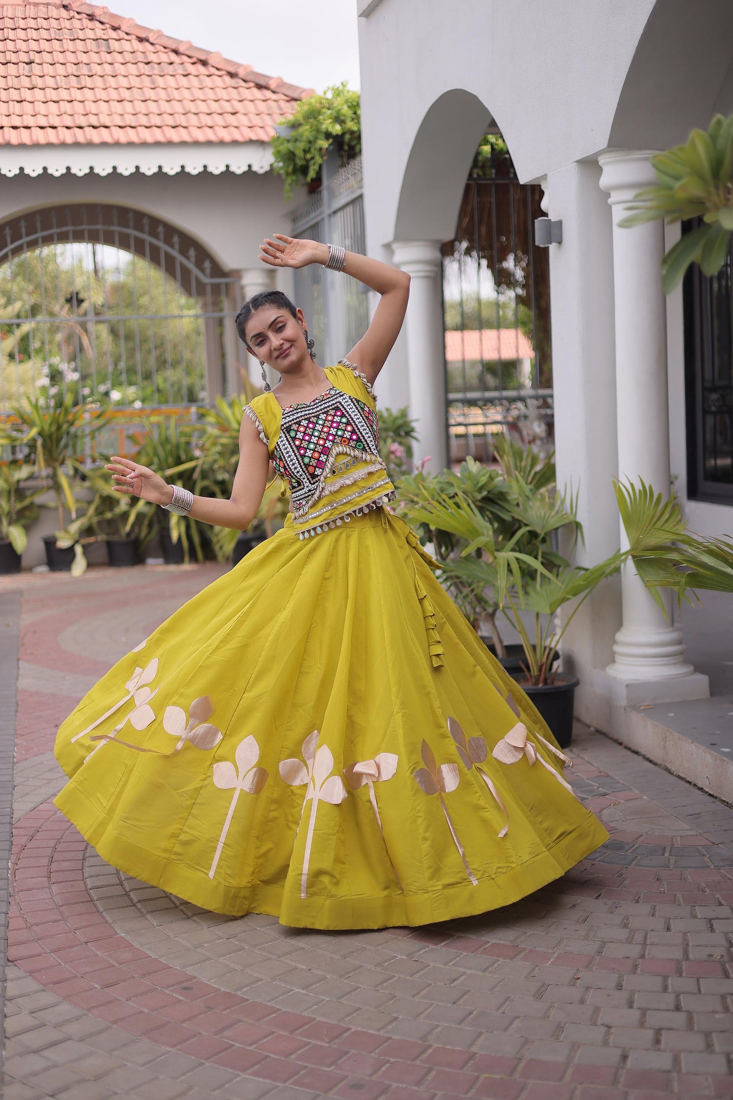 Parrot Green Roman Silk Gamthi & Mirror Work Navratri Lehenga Choli