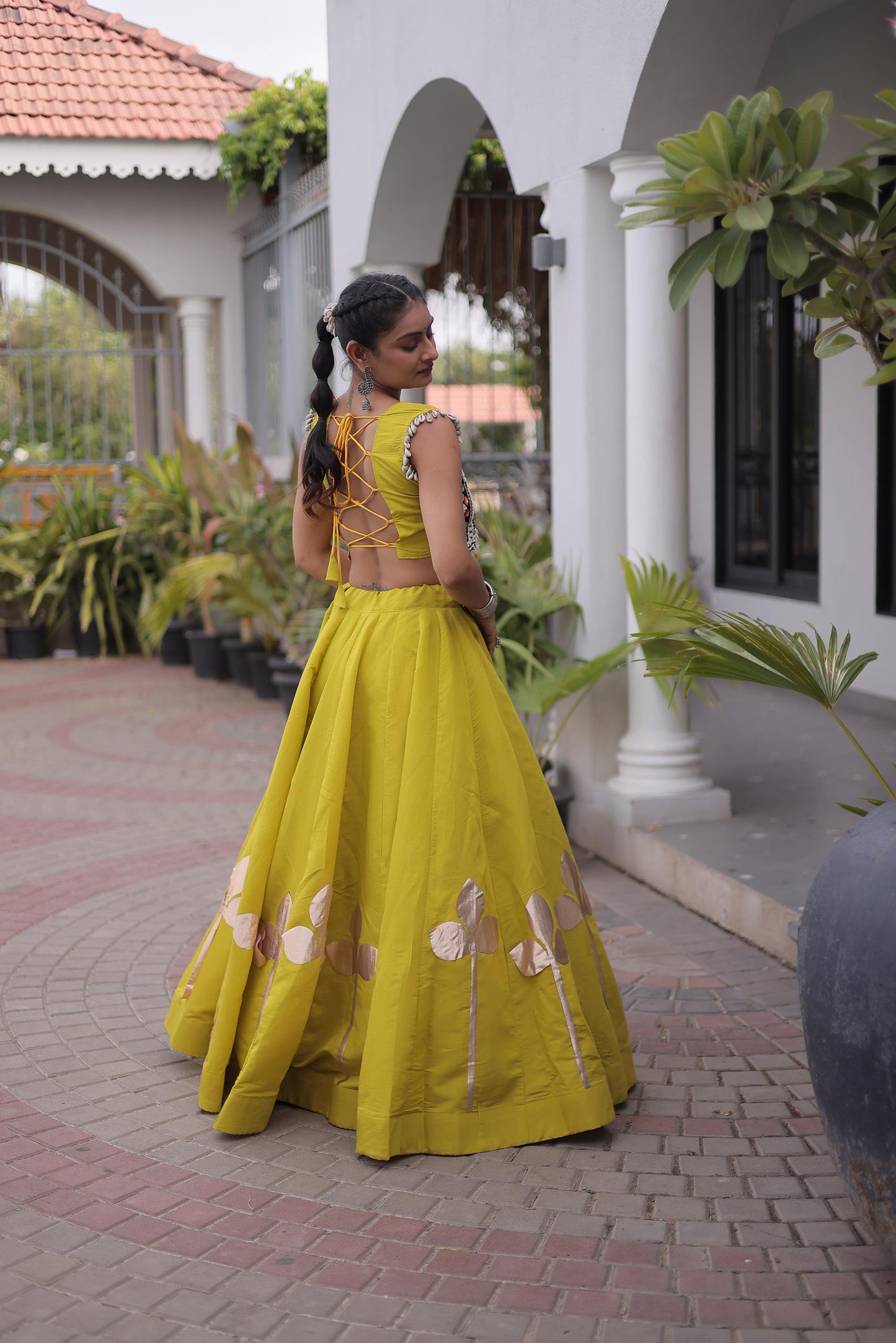 Parrot Green Roman Silk Gamthi & Mirror Work Navratri Lehenga Choli
