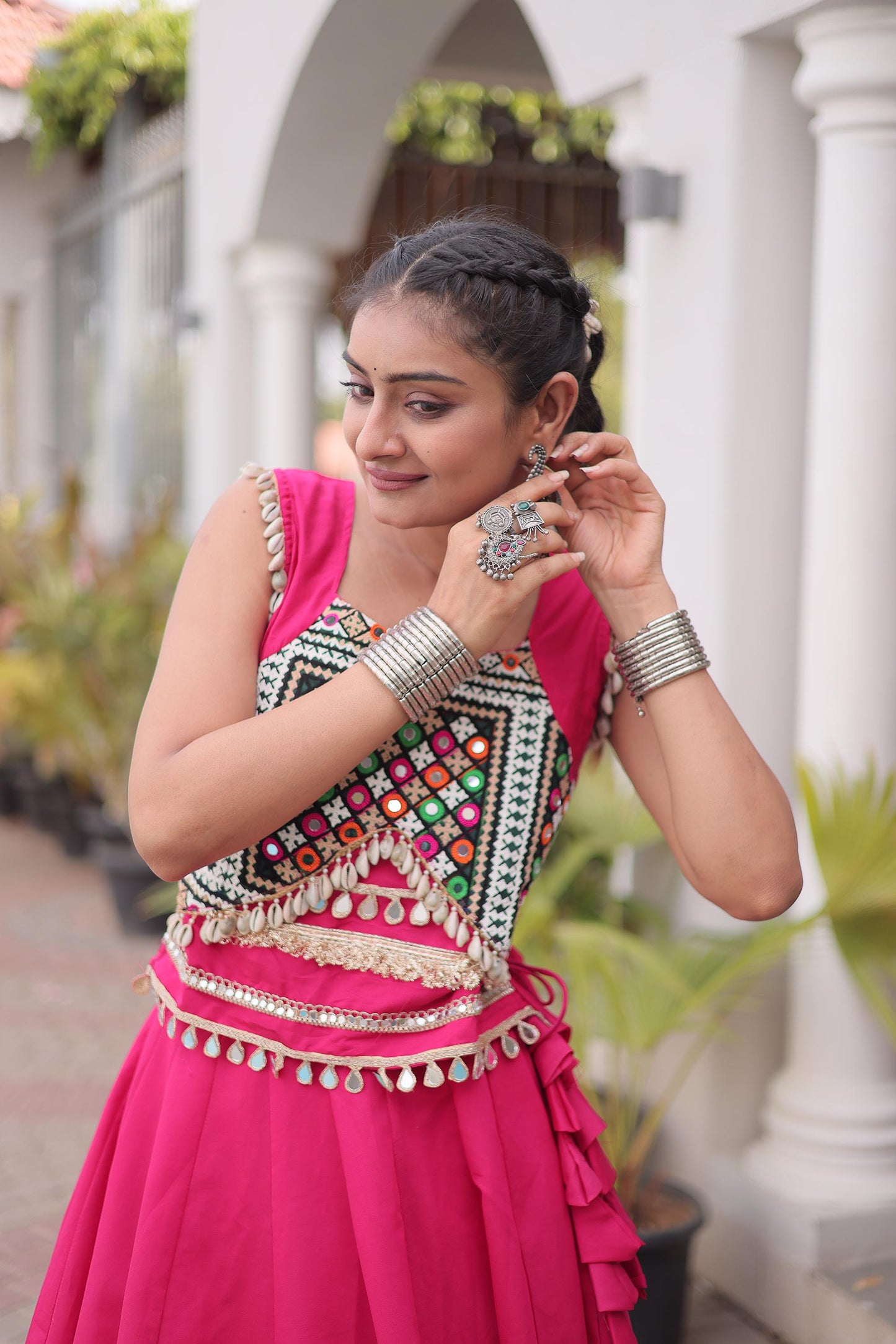 Pink Roman Silk Gamthi & Mirror Work Navratri Lehenga Choli