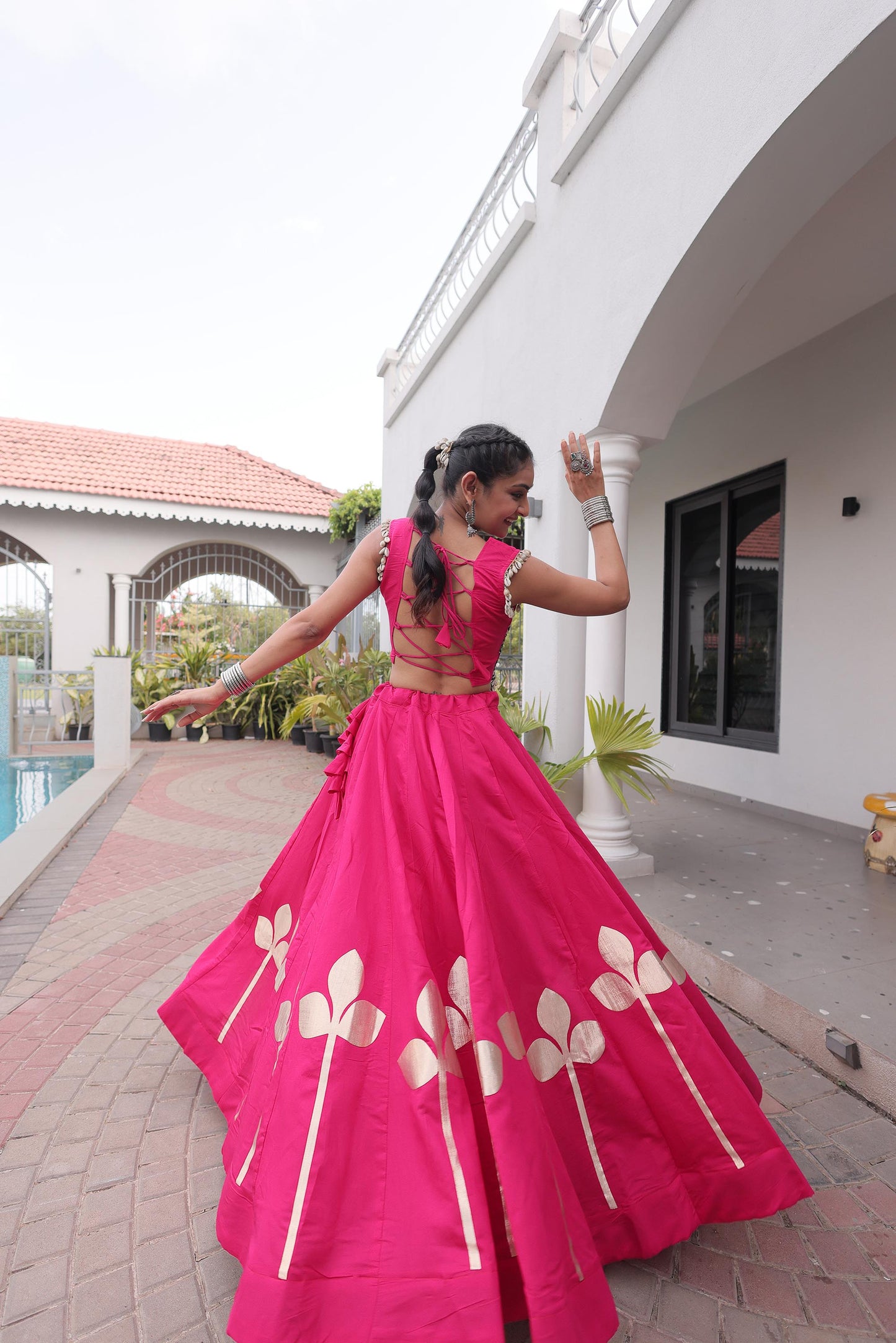 Pink Roman Silk Gamthi & Mirror Work Navratri Lehenga Choli