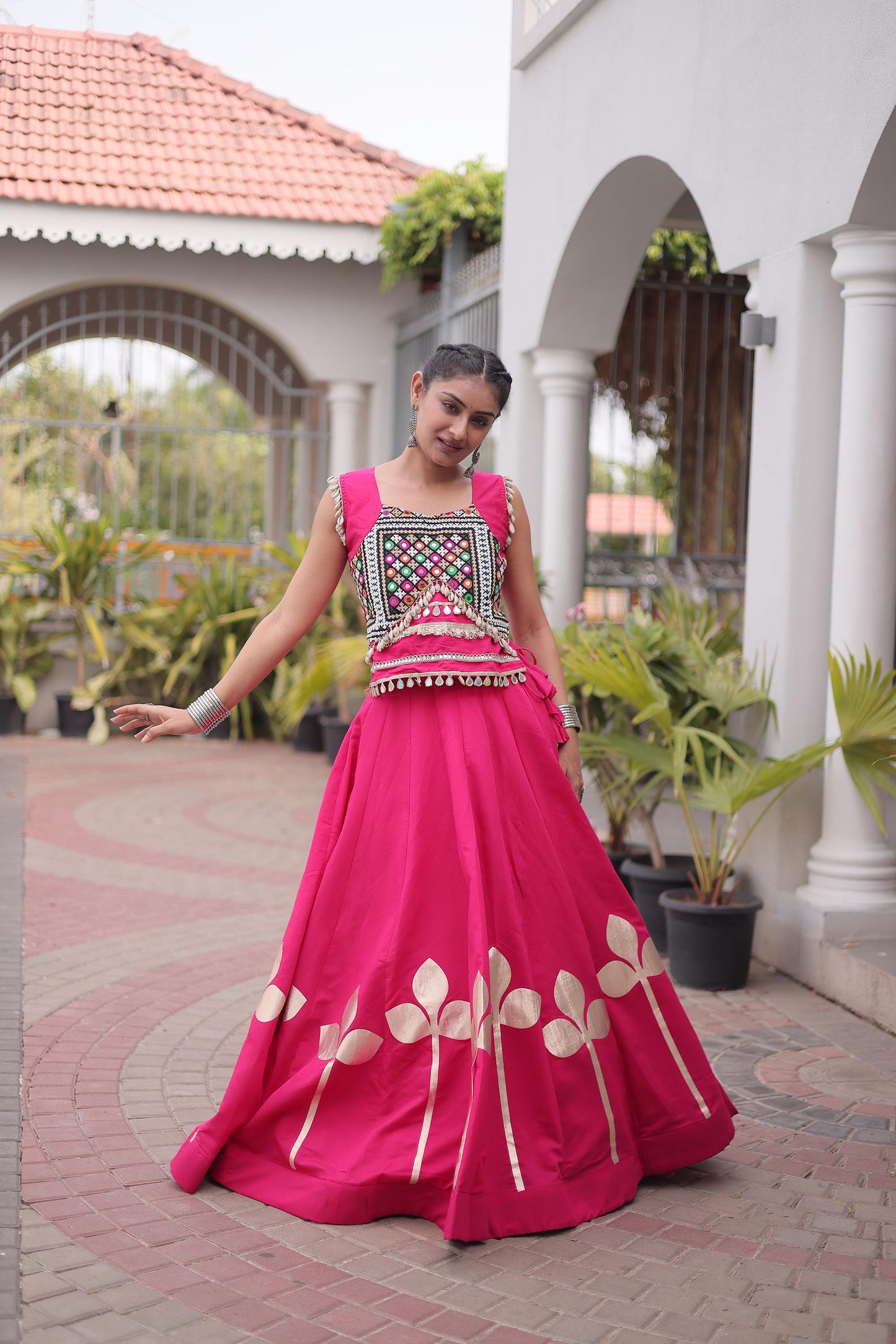 Pink Roman Silk Gamthi & Mirror Work Navratri Lehenga Choli