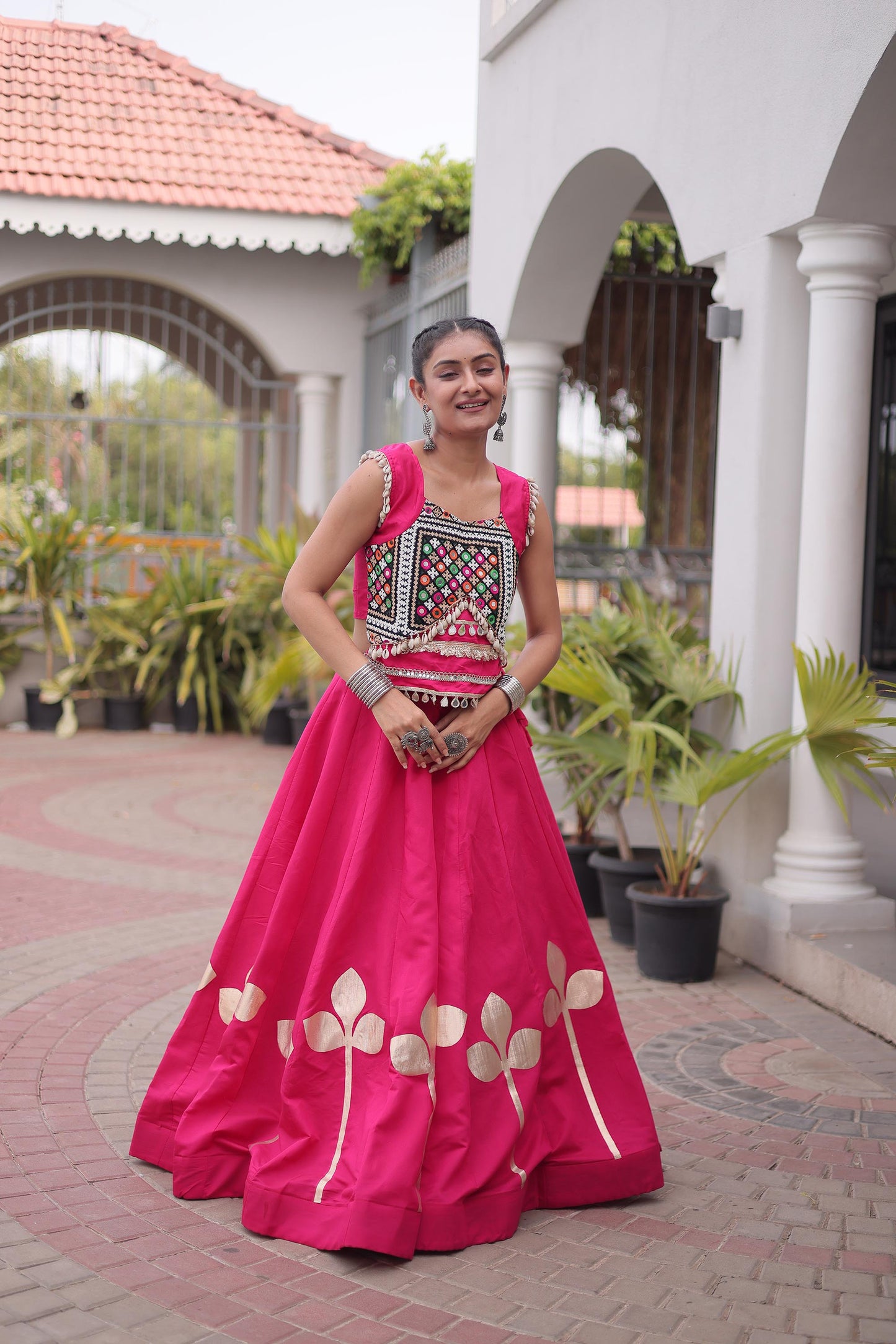 Pink Roman Silk Gamthi & Mirror Work Navratri Lehenga Choli