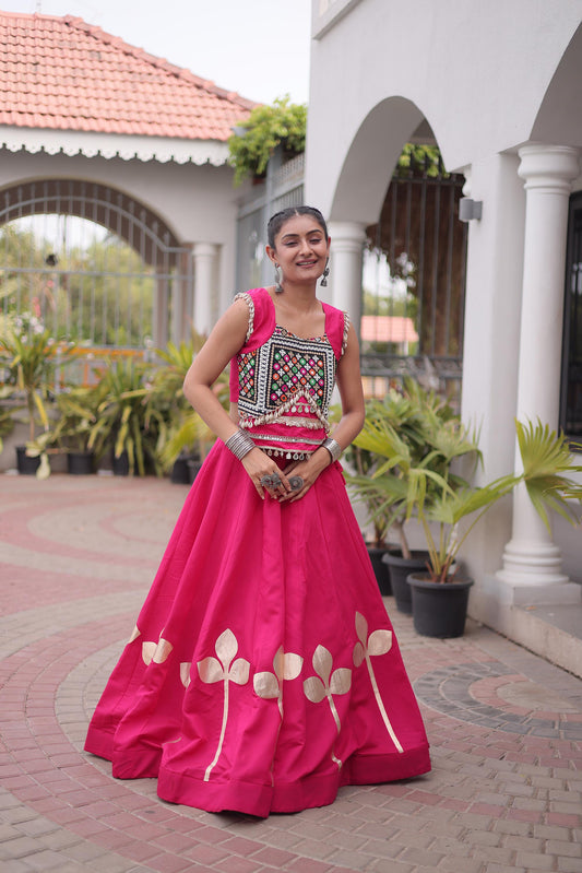 Pink Roman Silk Gamthi & Mirror Work Navratri Lehenga Choli