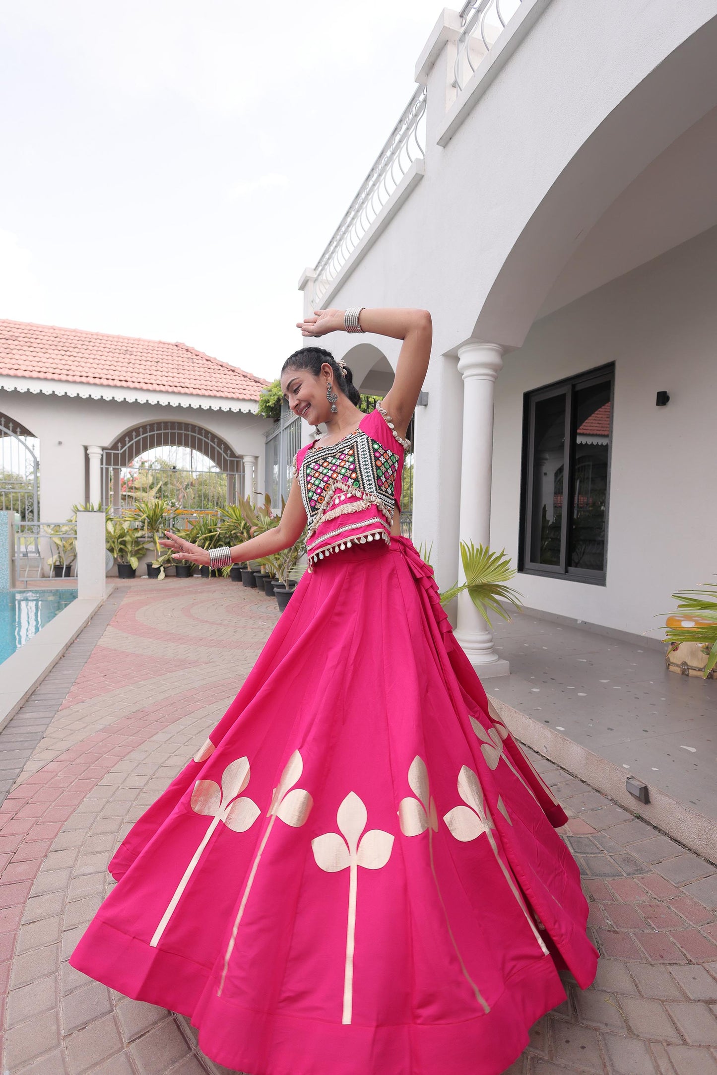 Pink Roman Silk Gamthi & Mirror Work Navratri Lehenga Choli