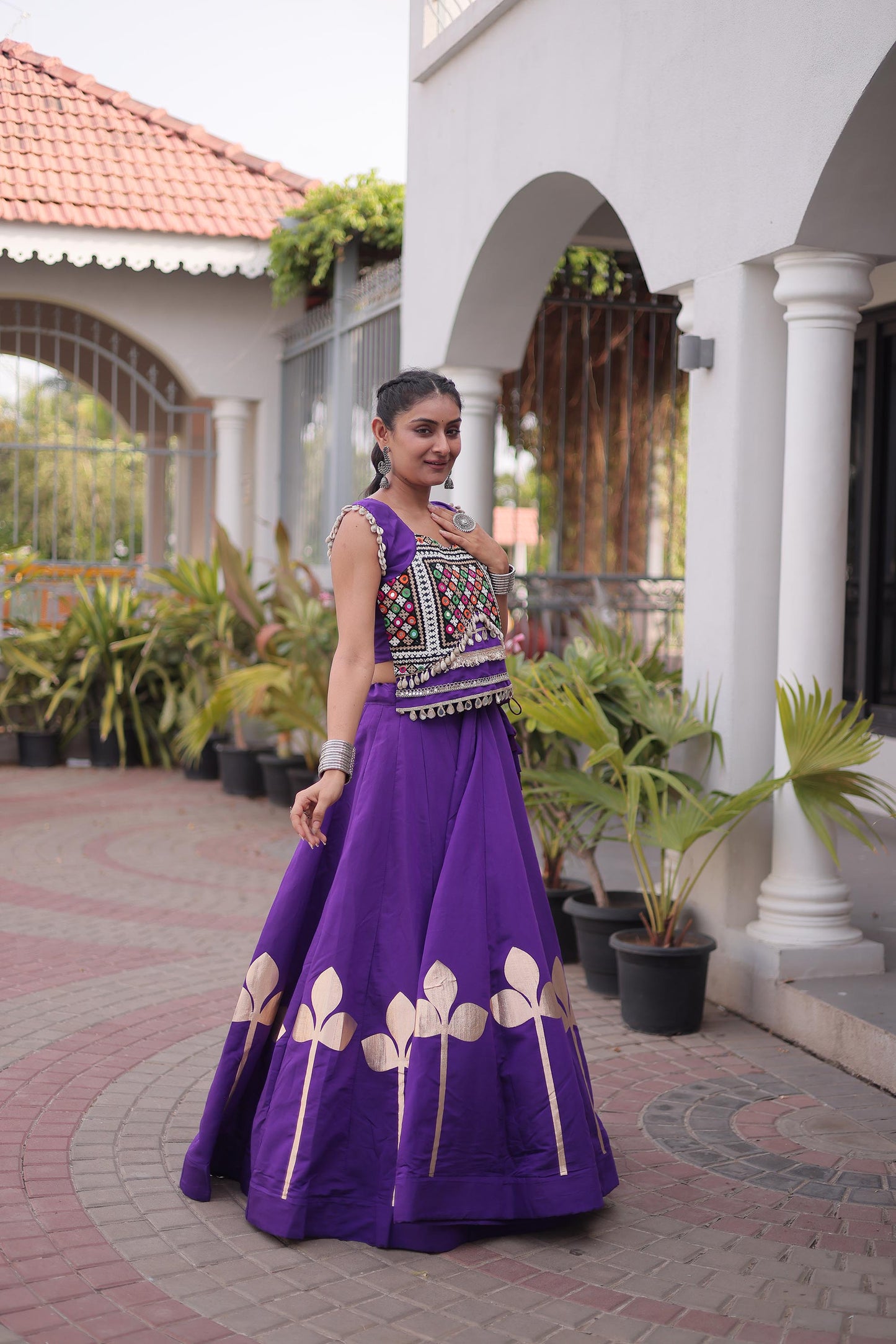 Purple Roman Silk Gamthi & Mirror Work Navratri Lehenga Choli