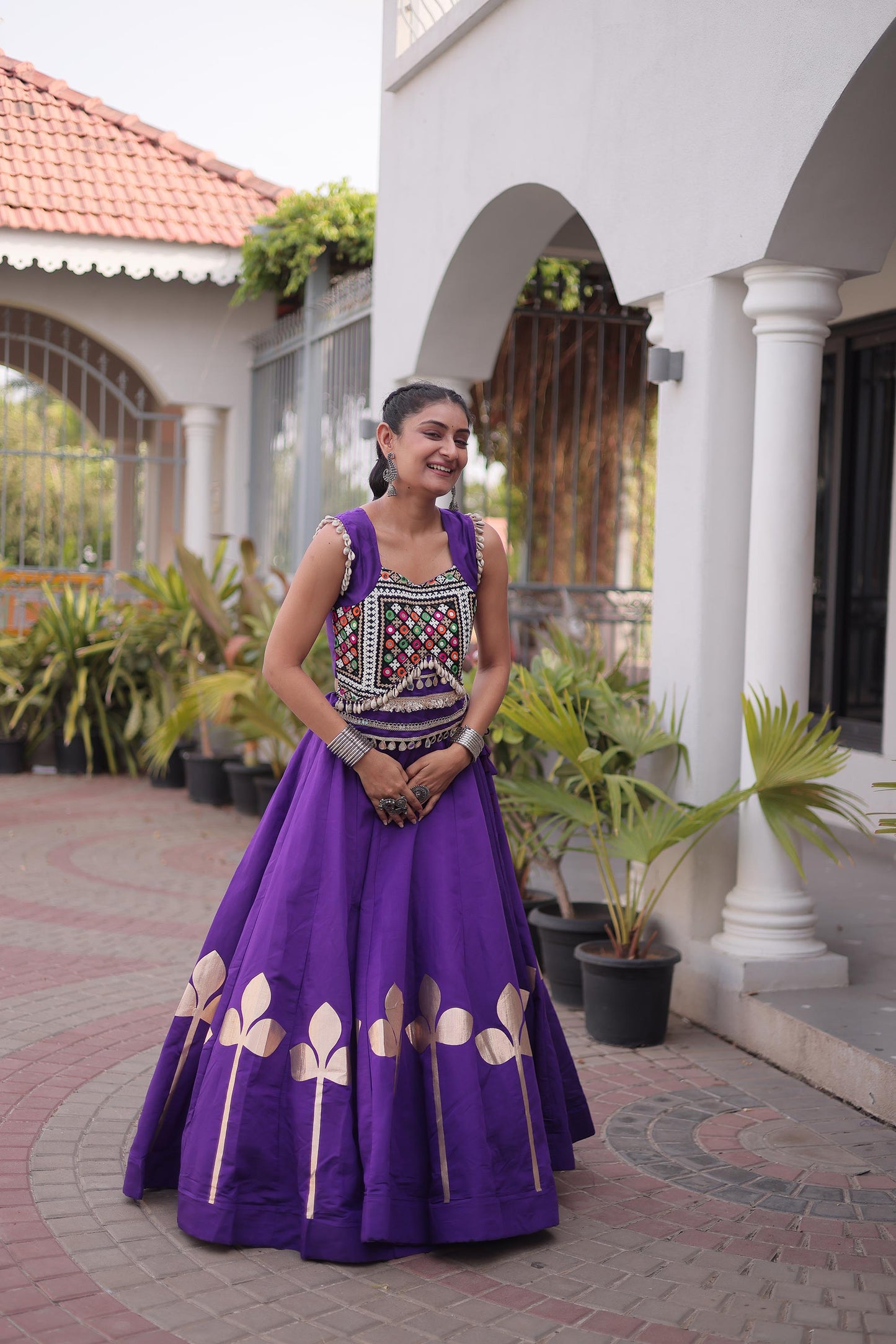 Purple Roman Silk Gamthi & Mirror Work Navratri Lehenga Choli