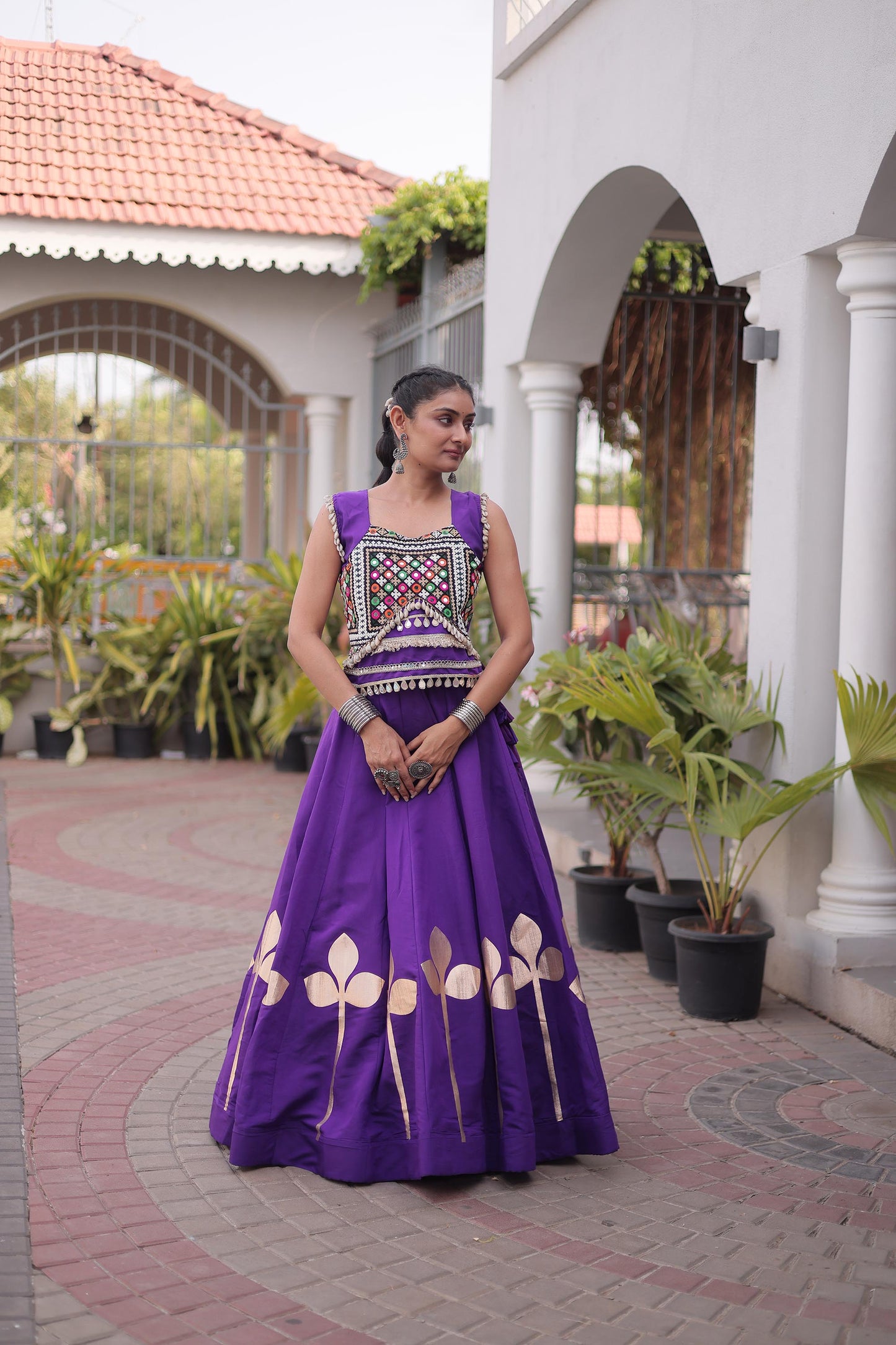 Purple Roman Silk Gamthi & Mirror Work Navratri Lehenga Choli