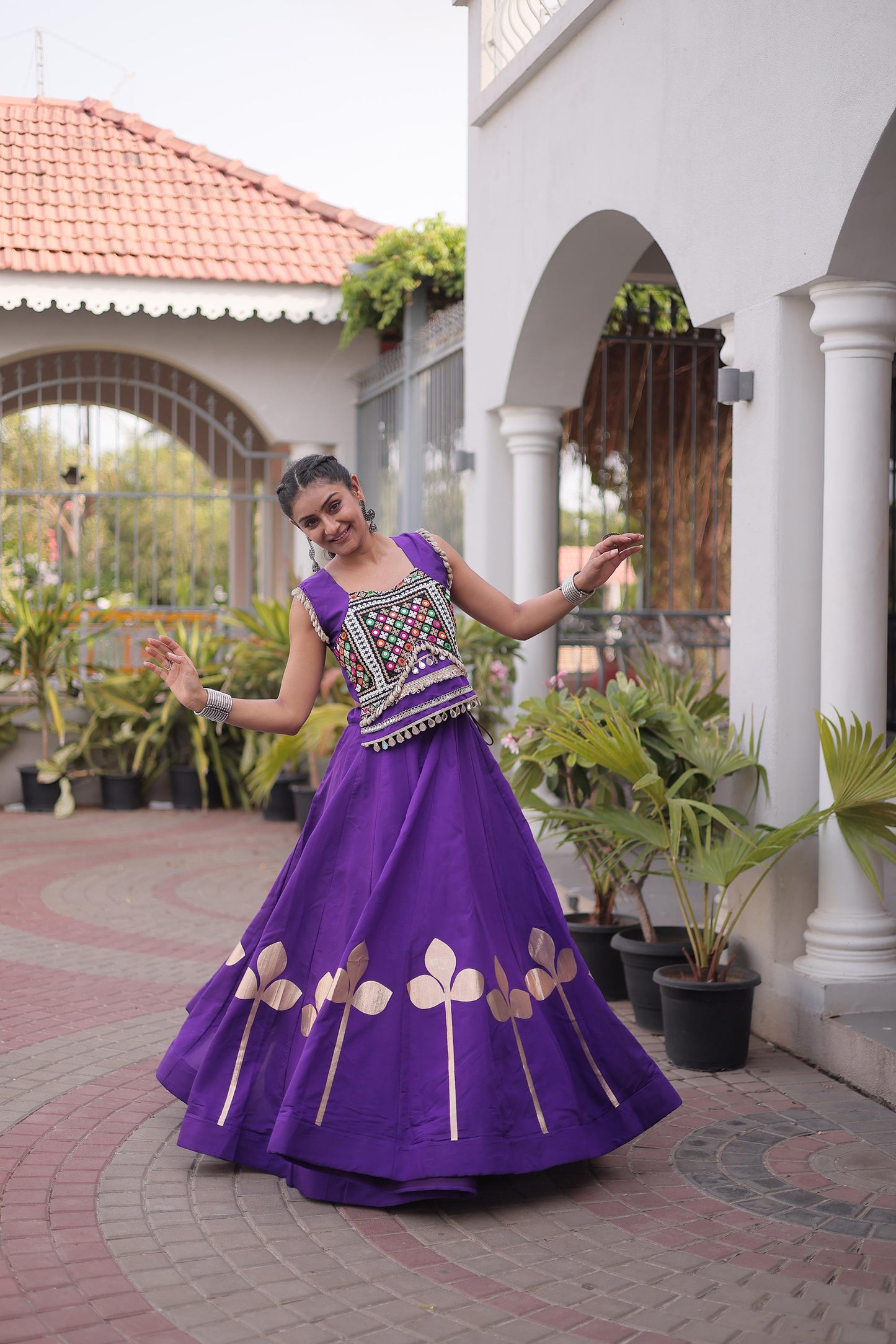 Purple Roman Silk Gamthi & Mirror Work Navratri Lehenga Choli