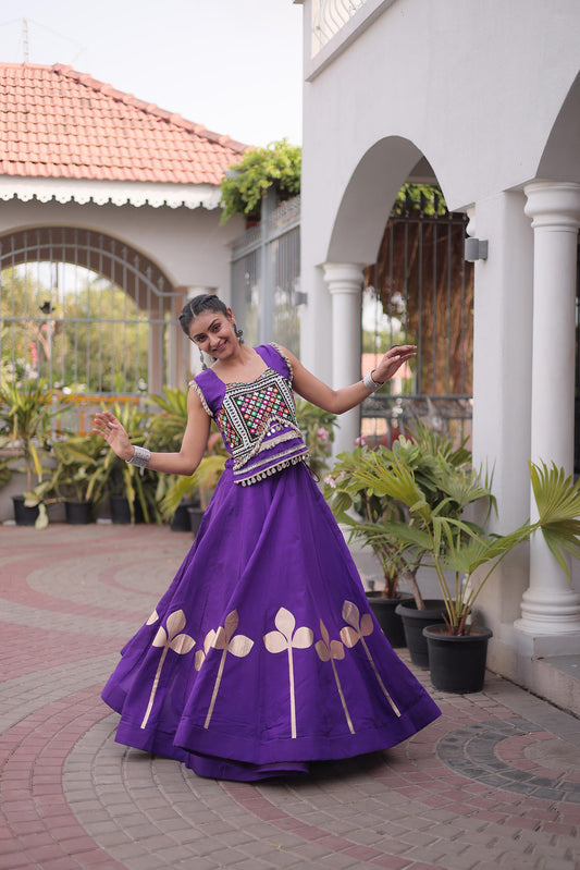 Purple Roman Silk Gamthi & Mirror Work Navratri Lehenga Choli