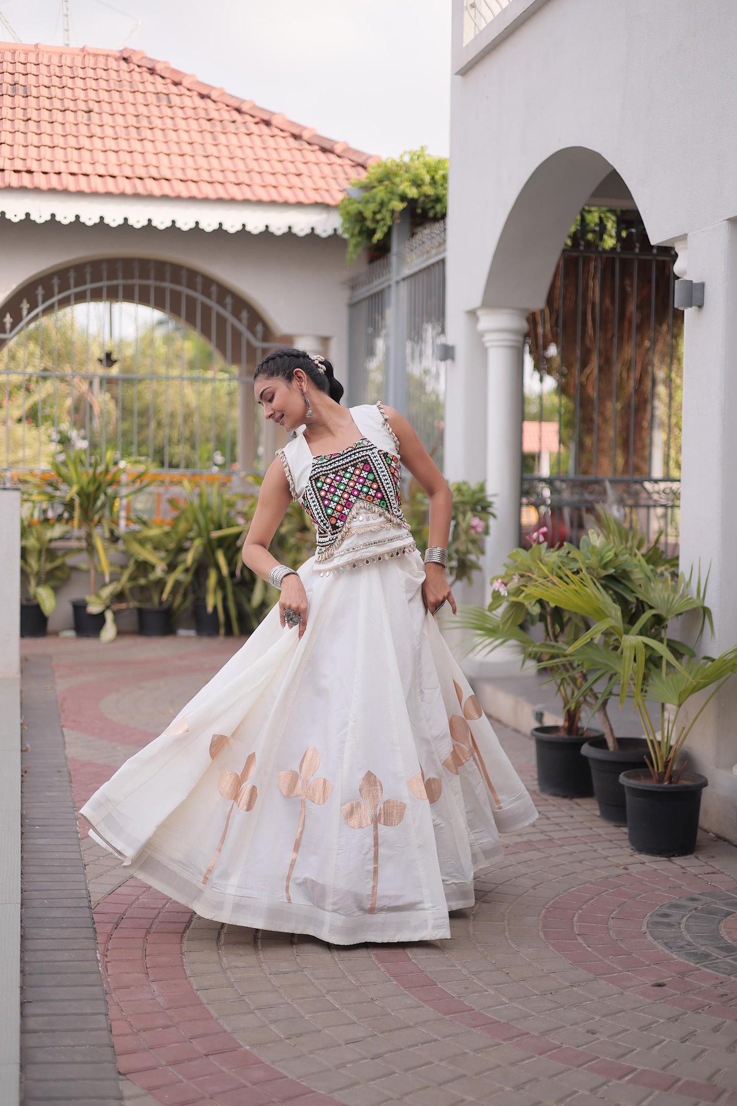 White Roman Silk Gamthi & Mirror Work Navratri Lehenga Choli