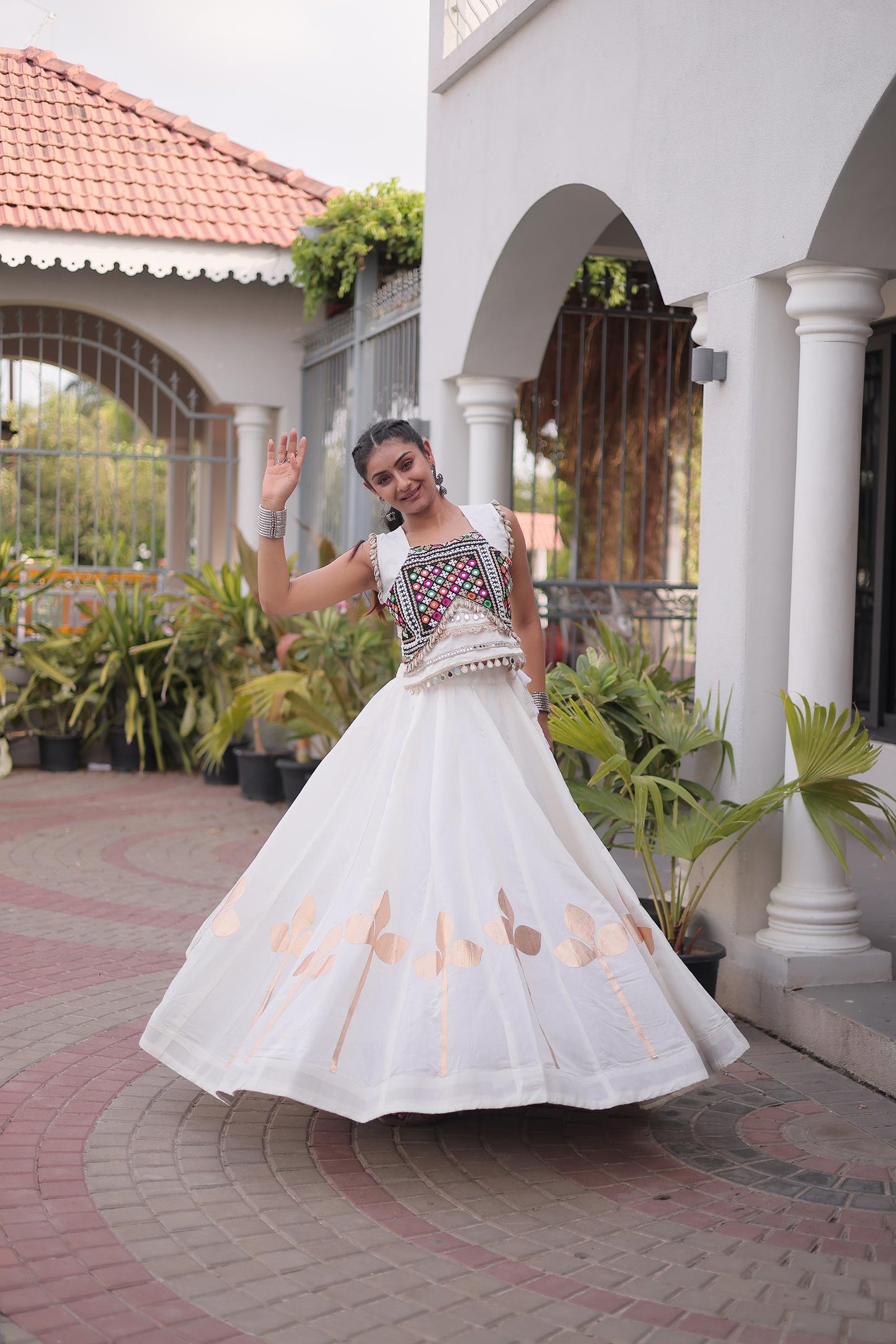 White Roman Silk Gamthi & Mirror Work Navratri Lehenga Choli