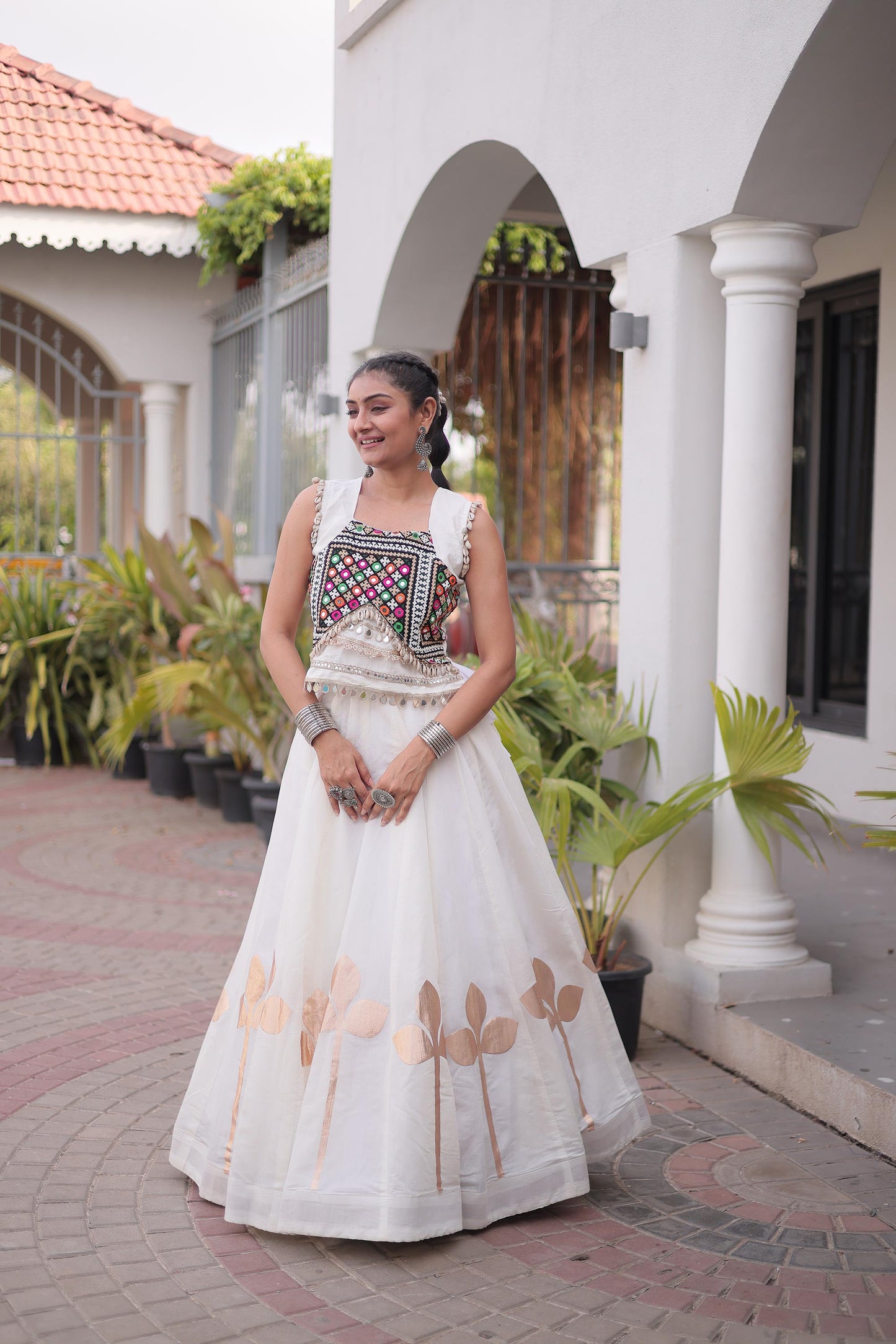White Roman Silk Gamthi & Mirror Work Navratri Lehenga Choli
