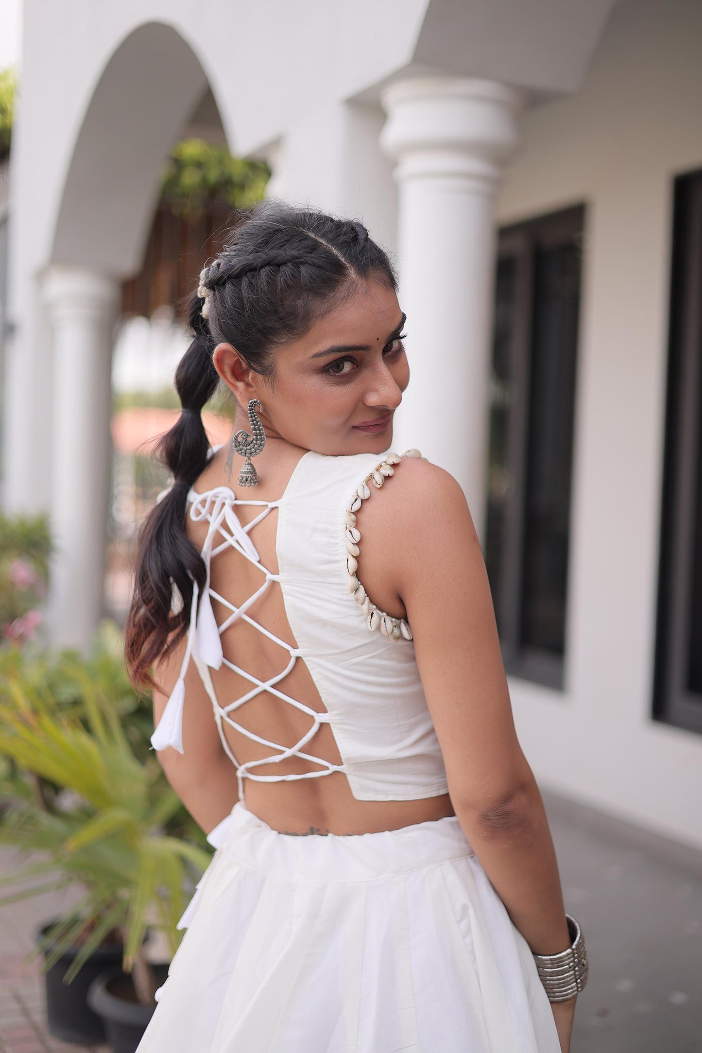 White Roman Silk Gamthi & Mirror Work Navratri Lehenga Choli