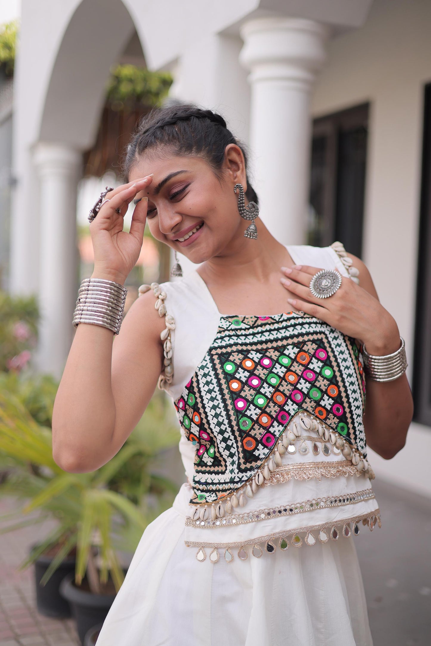 White Roman Silk Gamthi & Mirror Work Navratri Lehenga Choli
