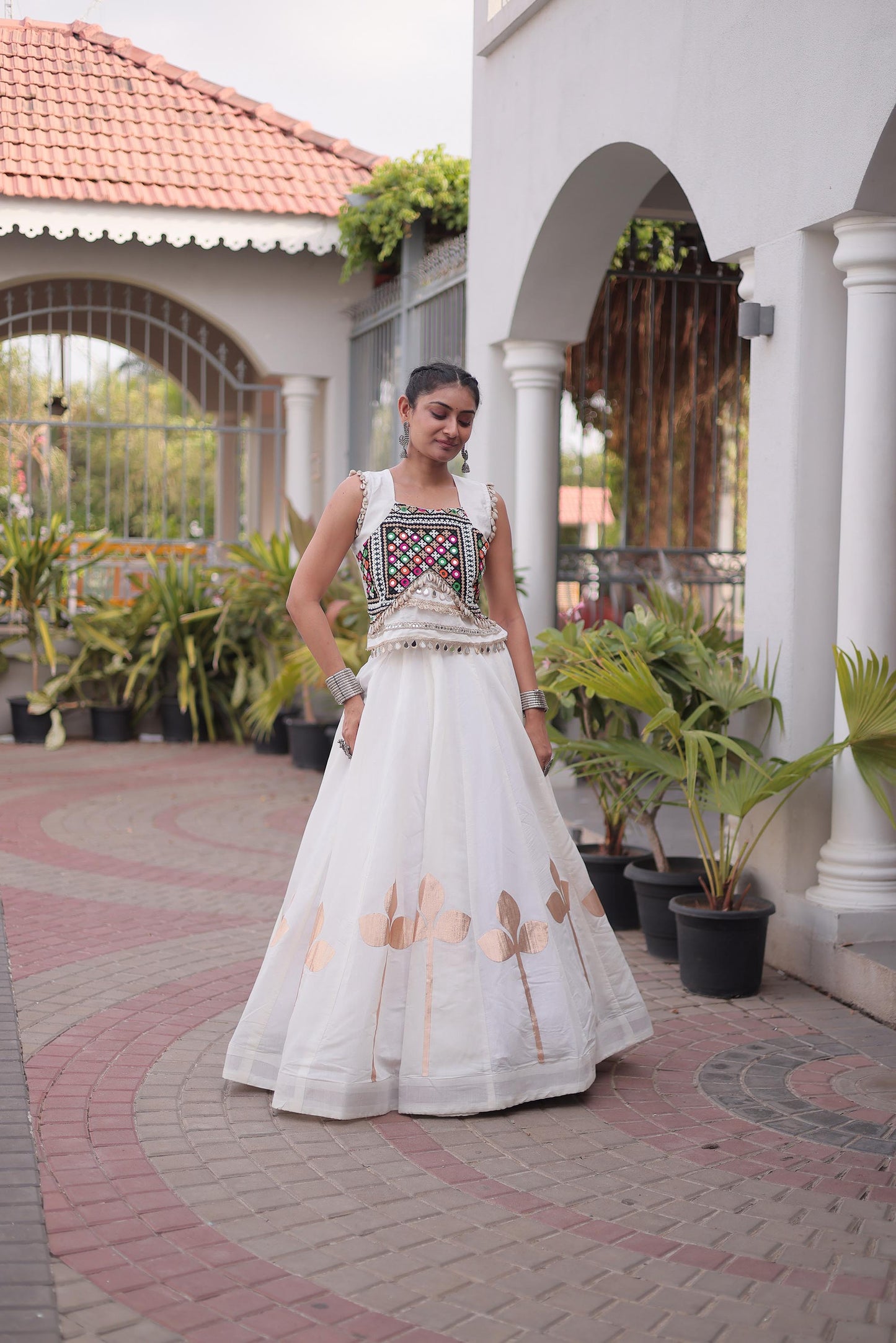 White Roman Silk Gamthi & Mirror Work Navratri Lehenga Choli