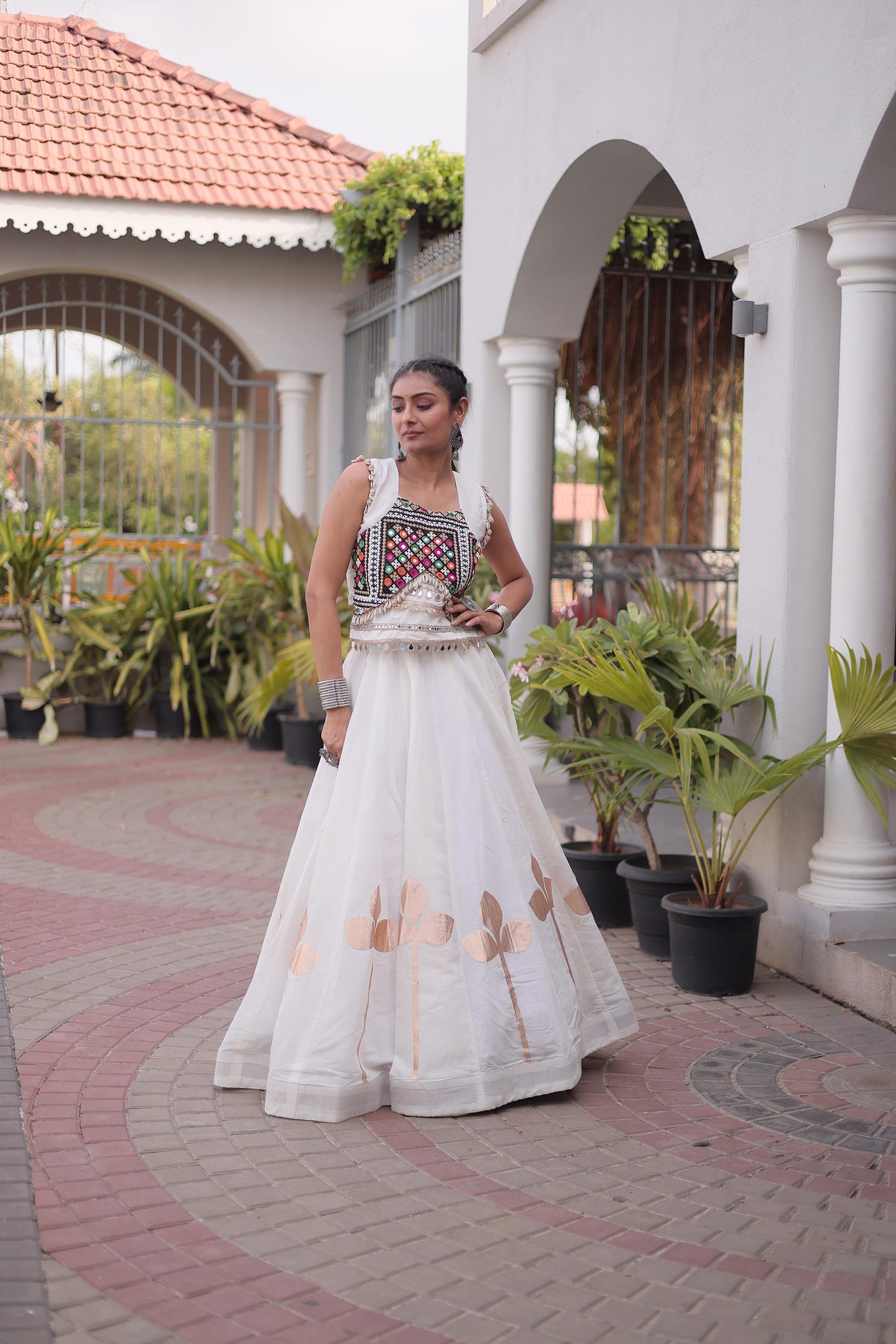 White Roman Silk Gamthi & Mirror Work Navratri Lehenga Choli