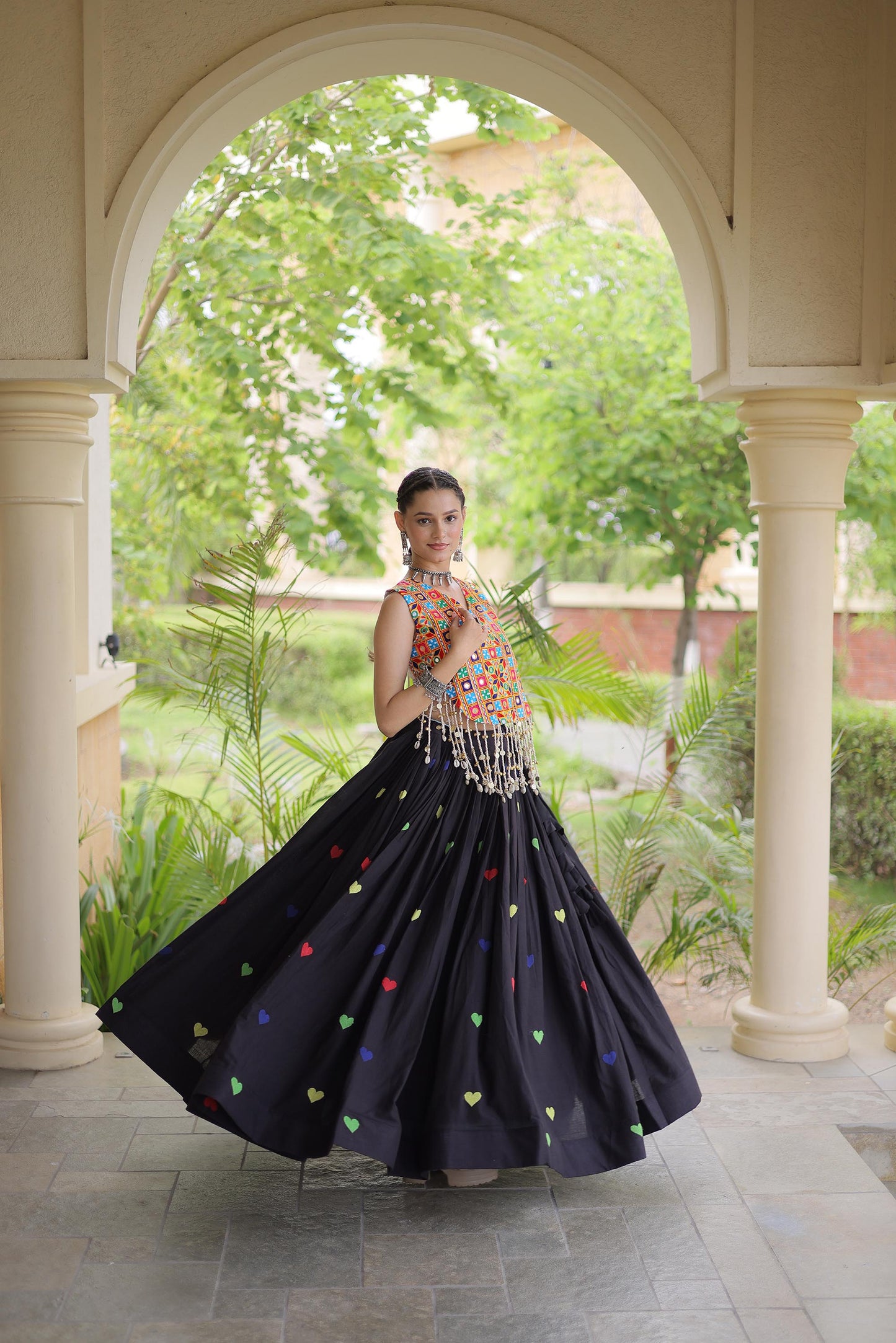 Black Cora Cotton Gamthi Thread Embroidered & Mirror Work Navratri Lehenga Choli