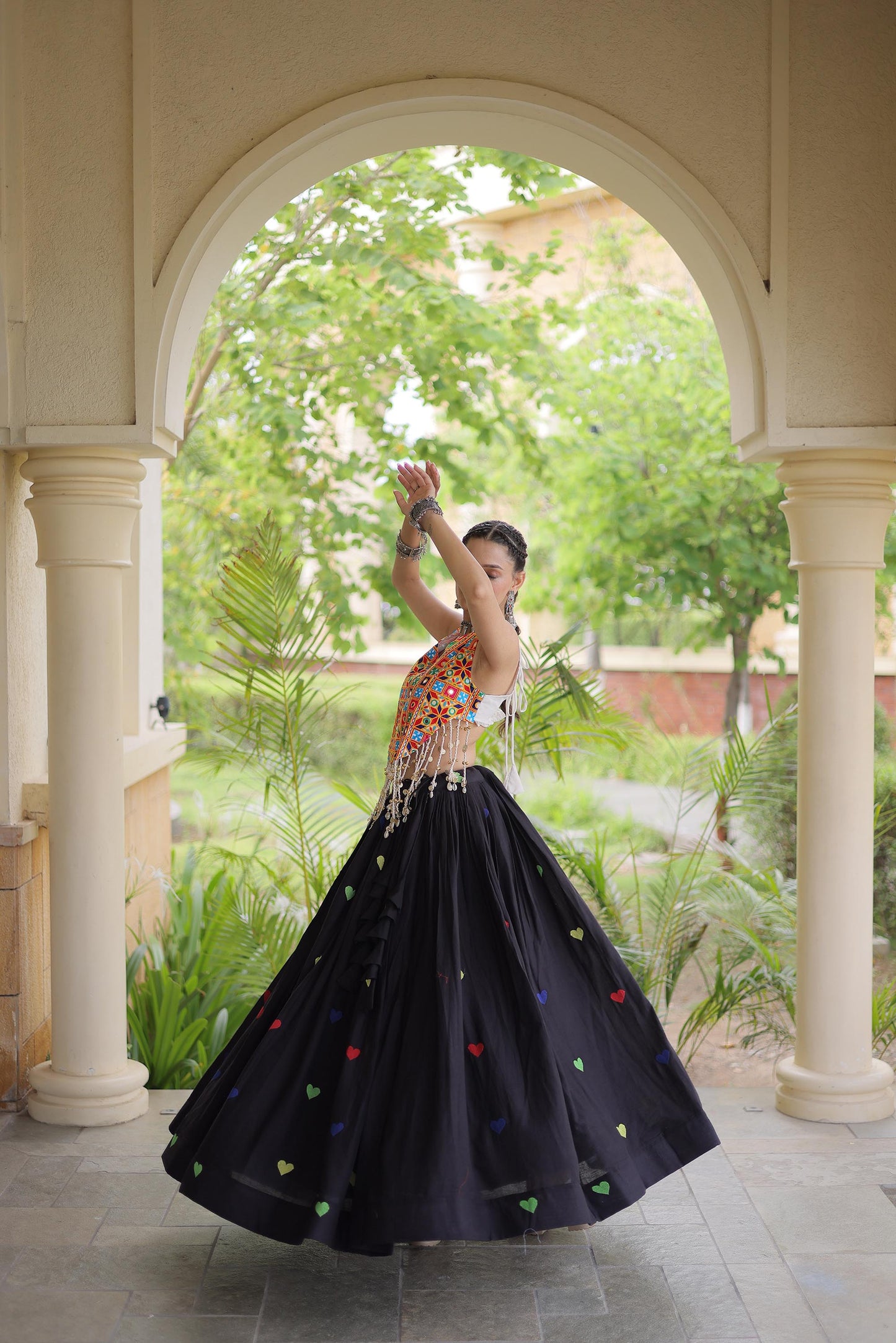 Black Cora Cotton Gamthi Thread Embroidered & Mirror Work Navratri Lehenga Choli