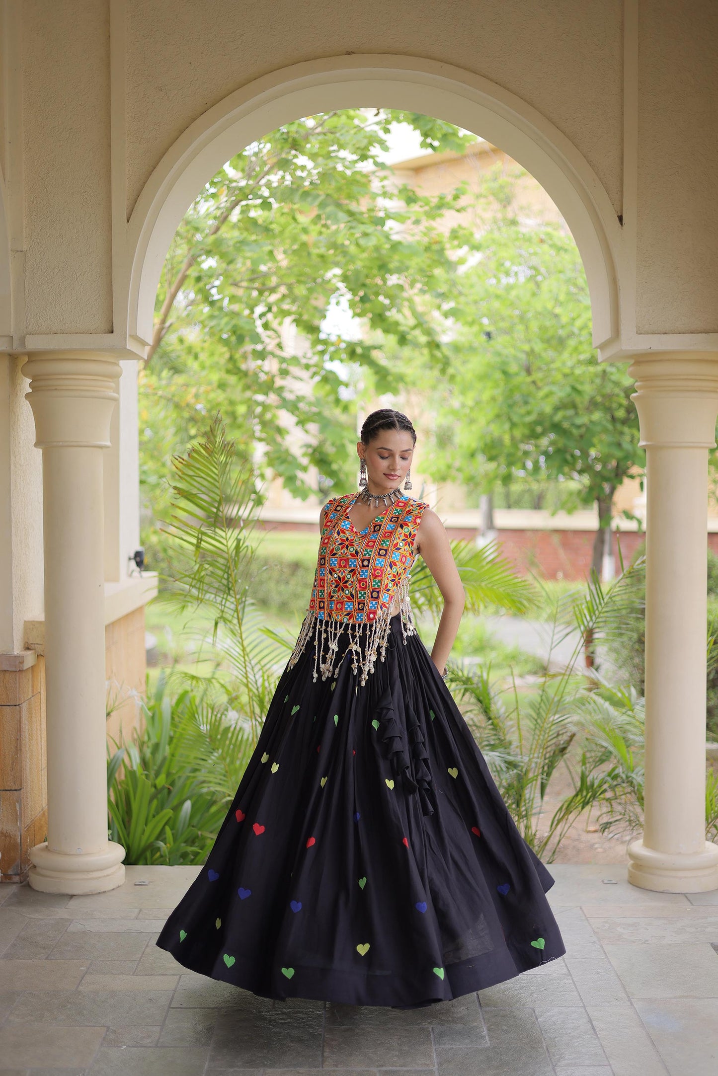 Black Cora Cotton Gamthi Thread Embroidered & Mirror Work Navratri Lehenga Choli