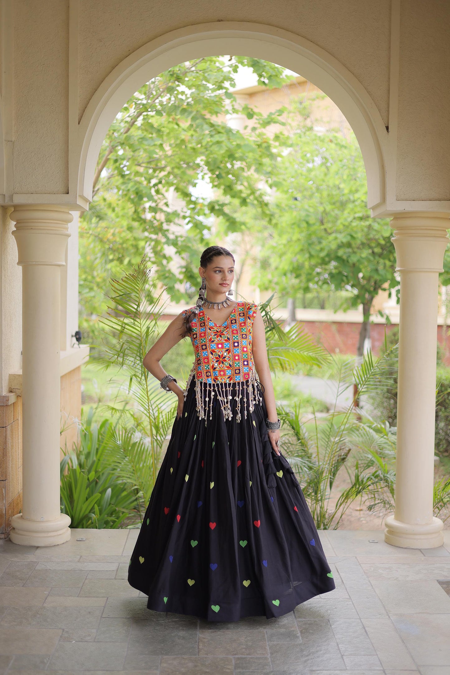 Black Cora Cotton Gamthi Thread Embroidered & Mirror Work Navratri Lehenga Choli