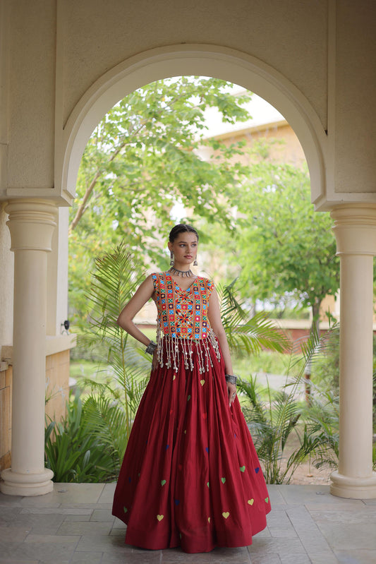 Maroon Cora Cotton Gamthi Thread Embroidered & Mirror Work Navratri Lehenga Choli