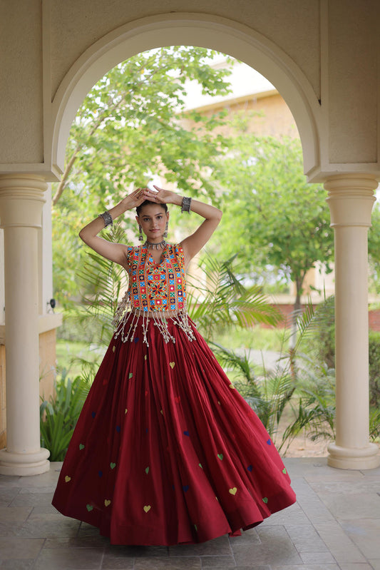 Maroon Cora Cotton Gamthi Thread Embroidered & Mirror Work Navratri Lehenga Choli