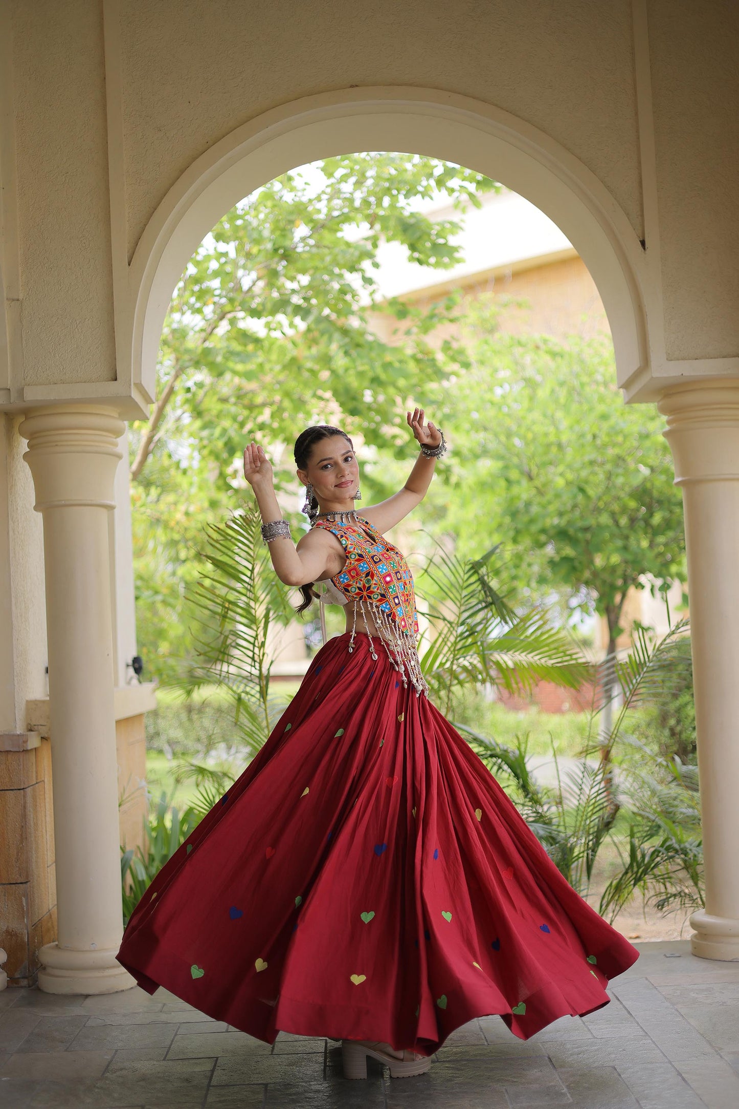 Maroon Cora Cotton Gamthi Thread Embroidered & Mirror Work Navratri Lehenga Choli
