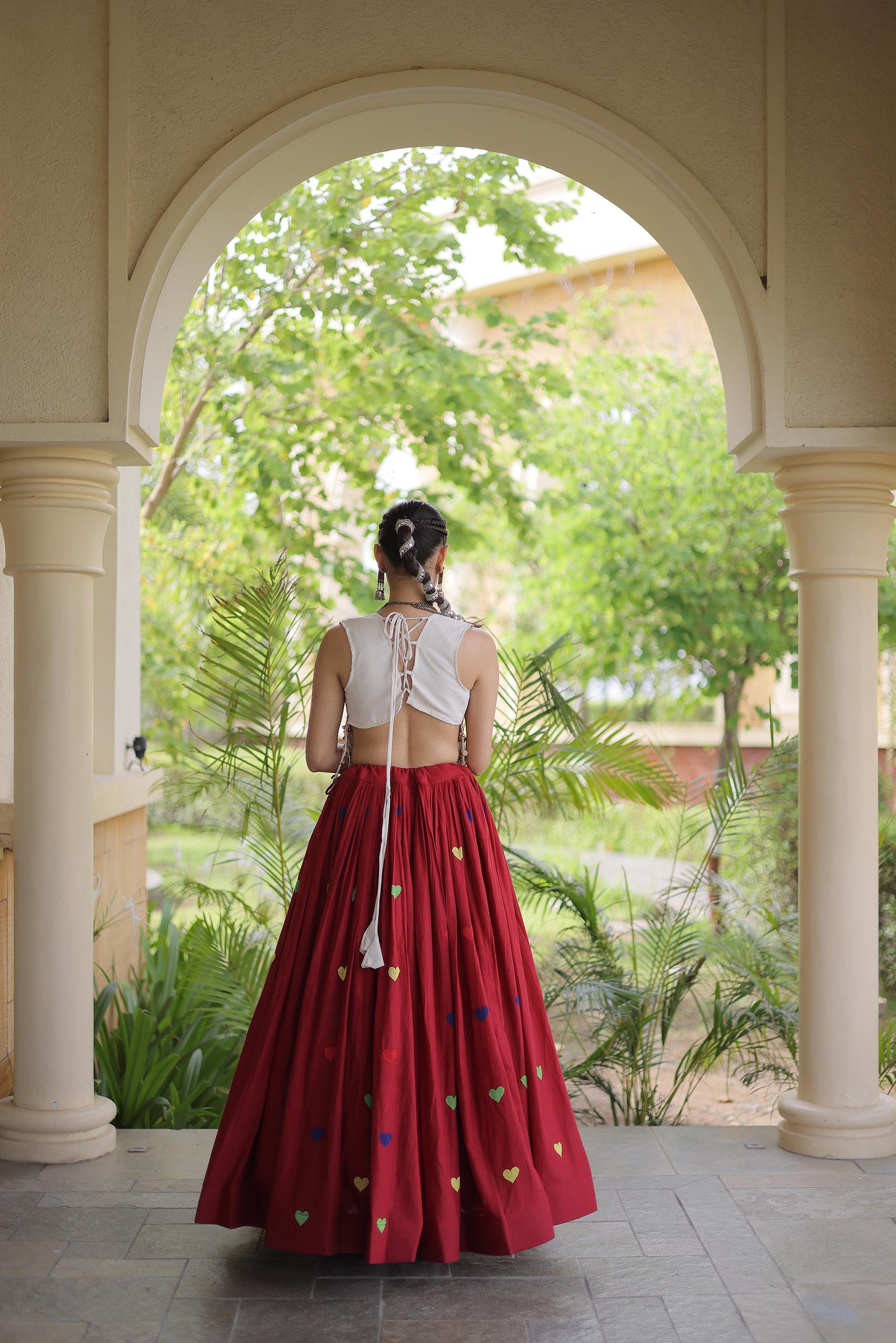 Maroon Cora Cotton Gamthi Thread Embroidered & Mirror Work Navratri Lehenga Choli