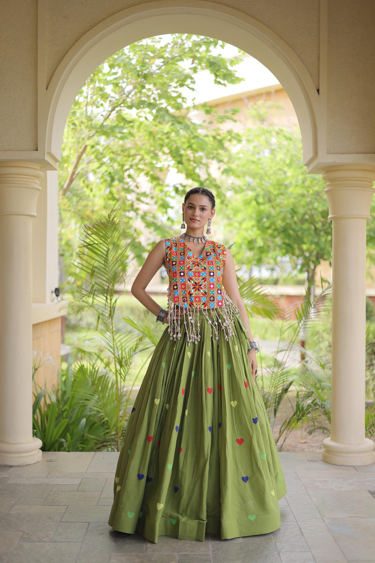 Mehendi Green Cora Cotton Gamthi Thread Embroidered & Mirror Work Navratri Lehenga Choli